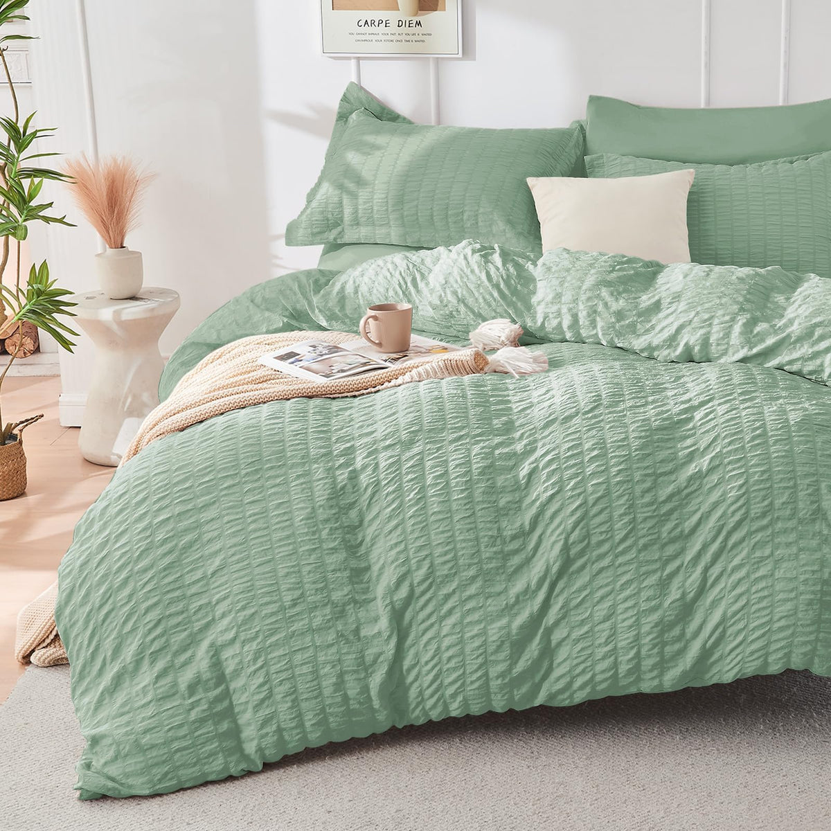 Hymokege Sage Green Duvet Cover Full Size, Ultra Soft 3-Piece Seersucker Duvet Cover Set With Zipper Closure, Soft Brushed Micro