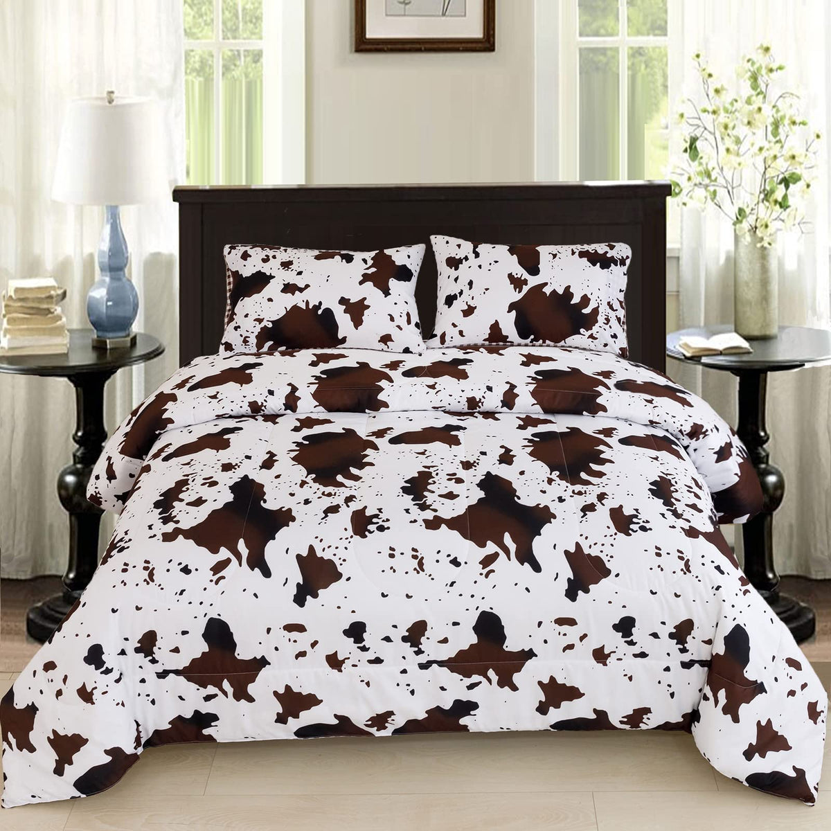 Perfemet Cow Print Comforter Set Twin Size, Brown White Western Bedding Set For Kids Teens Boys Girls, Reversible Checkered Rust