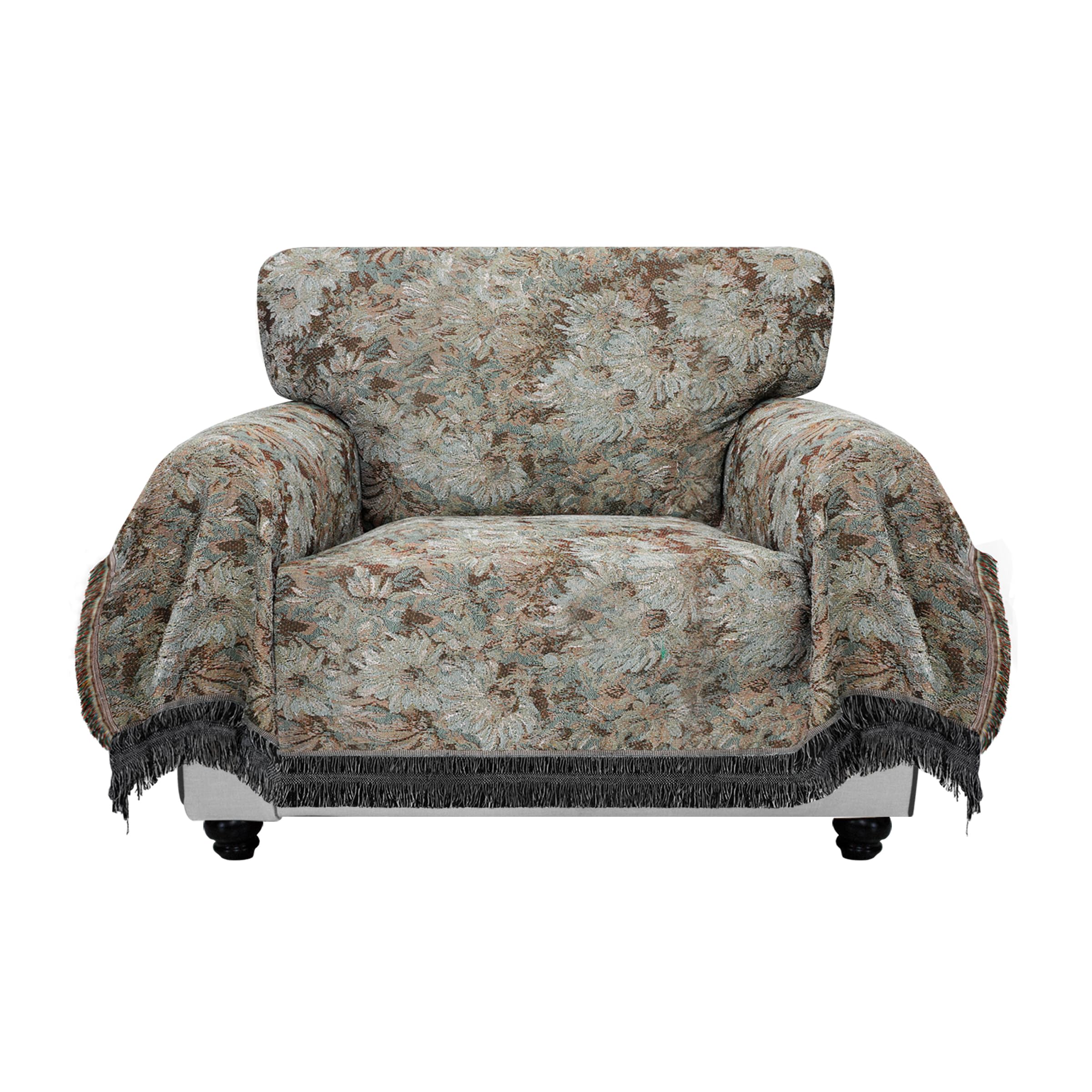 Purefit Geometric Jacquard Throw Sofa Cover - Textured Soft Washable Decorative Couch Covers For 3 Cushion Couch, Throw Cover With Tassels Furniture Protector For Pets, Kids (Small, Flower Sage)