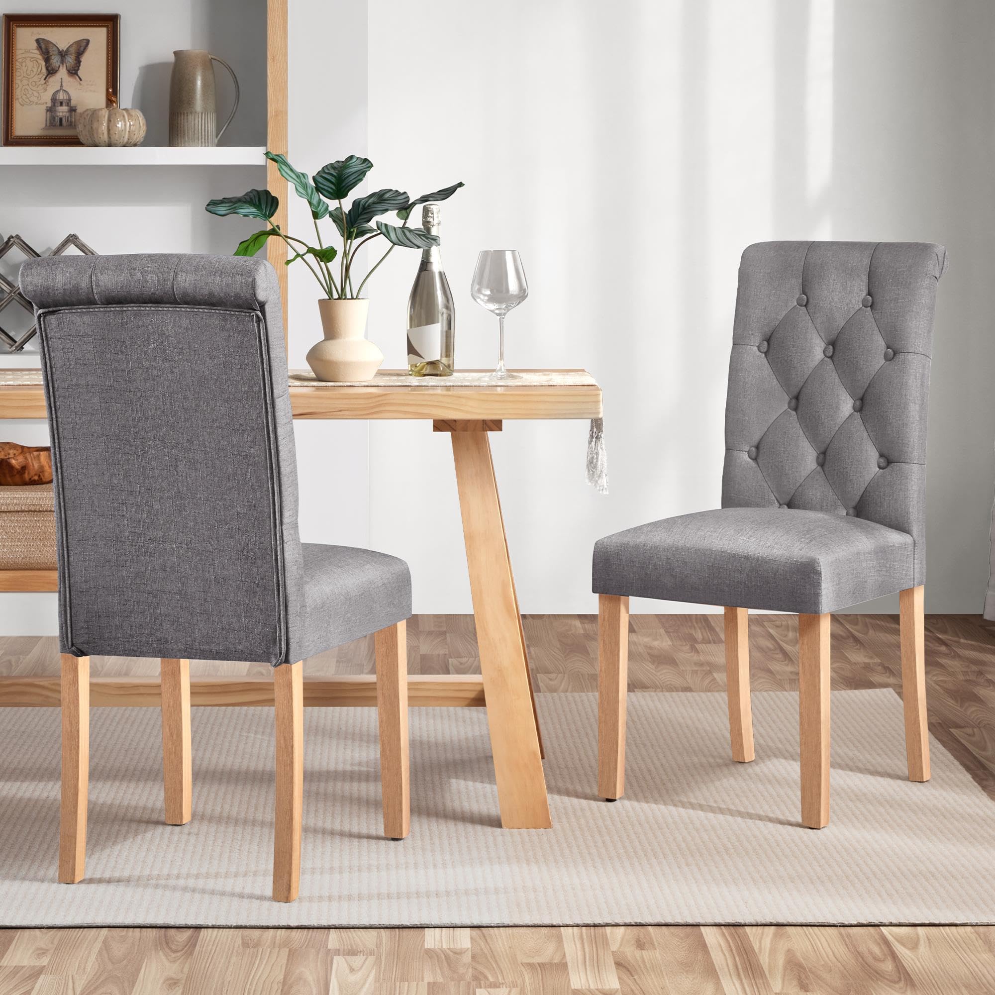Yaheetech Fabric Upholstered Dining Chairs Set Of 2 Button Tufted High Back Kitchen Chairs With Solid Wood Legs For Home, Restaurant, Dining Room, Dark Gray