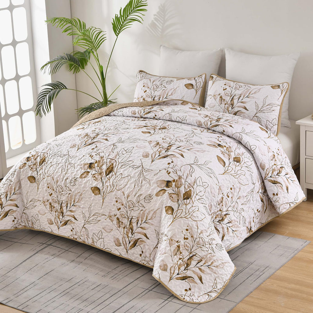 Aninbedding Floral King Quilt Set,Brown Botanical Bedspread Coverlet Set With 2 Pillowcases,Lightweight Soft Micorfiber Bedding