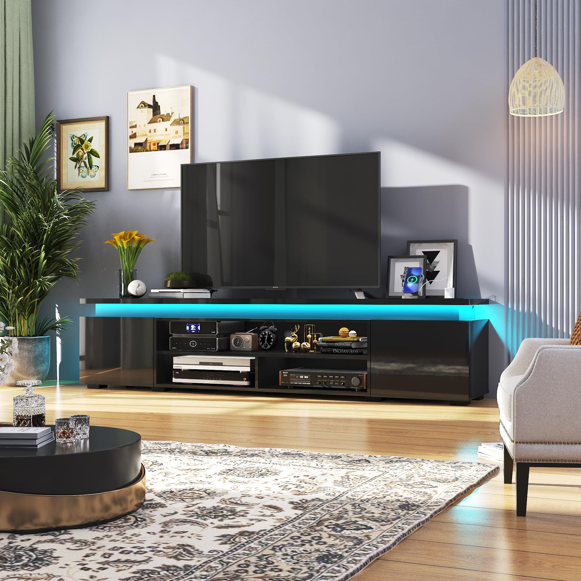 LED TV Stand for 95 Inch TV, Modern Gaming TV Stand with Power Outlet, High Gloss TV Console Entertainment Center with Storage f