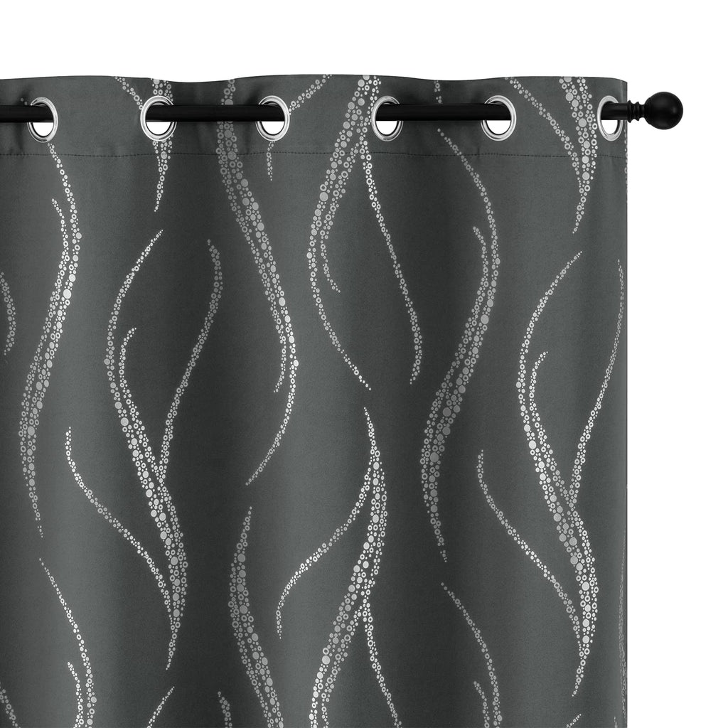 Yakamok Blackout Curtains For Livingroom 63 Inches Long, Room Darkening Curtains, Silver Wave Line Dots Print Grommet Curtains A