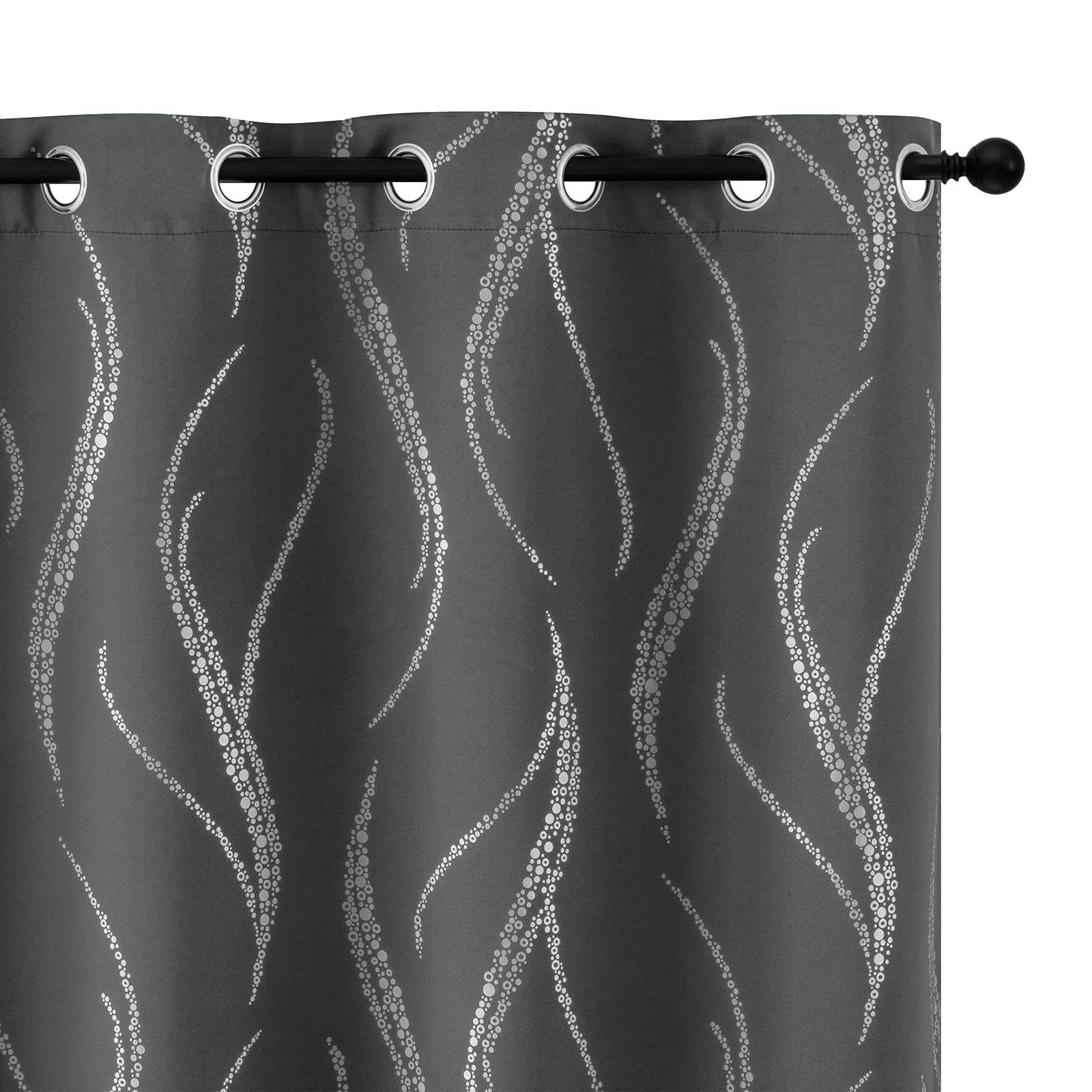 Yakamok Blackout Curtains For Livingroom 63 Inches Long, Room Darkening Curtains, Silver Wave Line Dots Print Grommet Curtains A