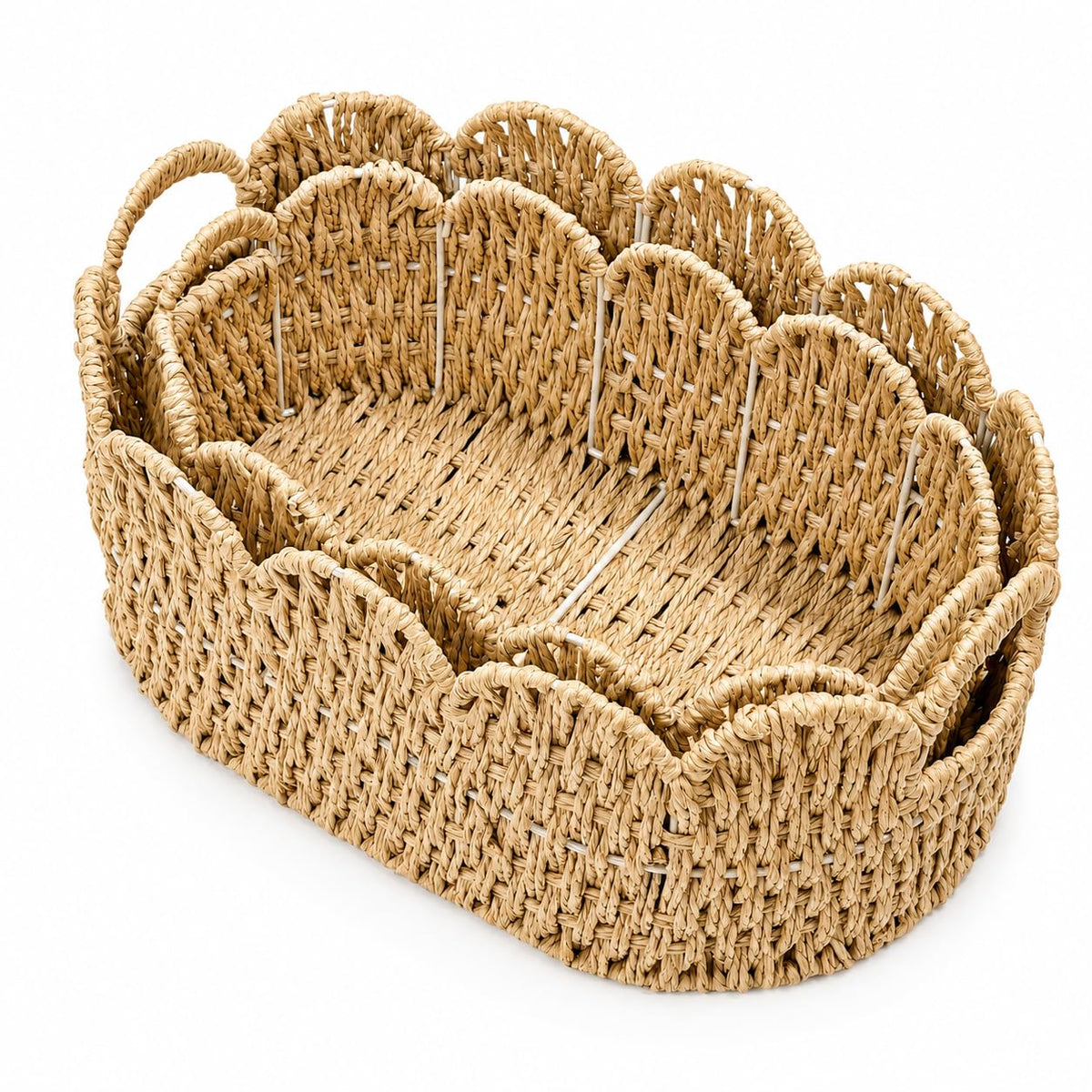 Oval Scalloped Wicker Basket, Paper Rope Storage Basket Set 2Pack