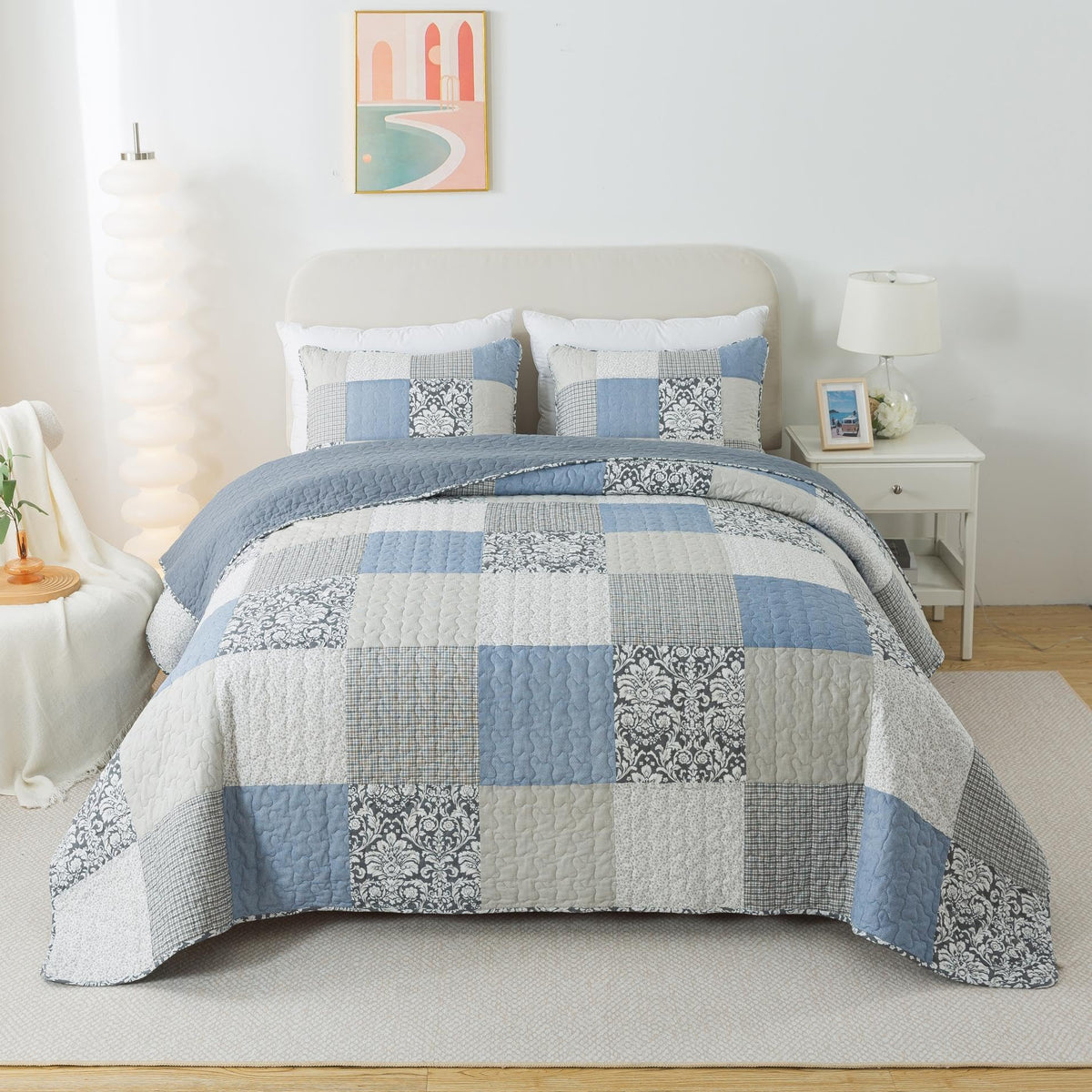 Slpr Sweet Dreams Cotton Quilt Set - Queen Size With 2 Shams, Pieced Patchwork Bedding In Blue And Gray, Country Style Farmhouse