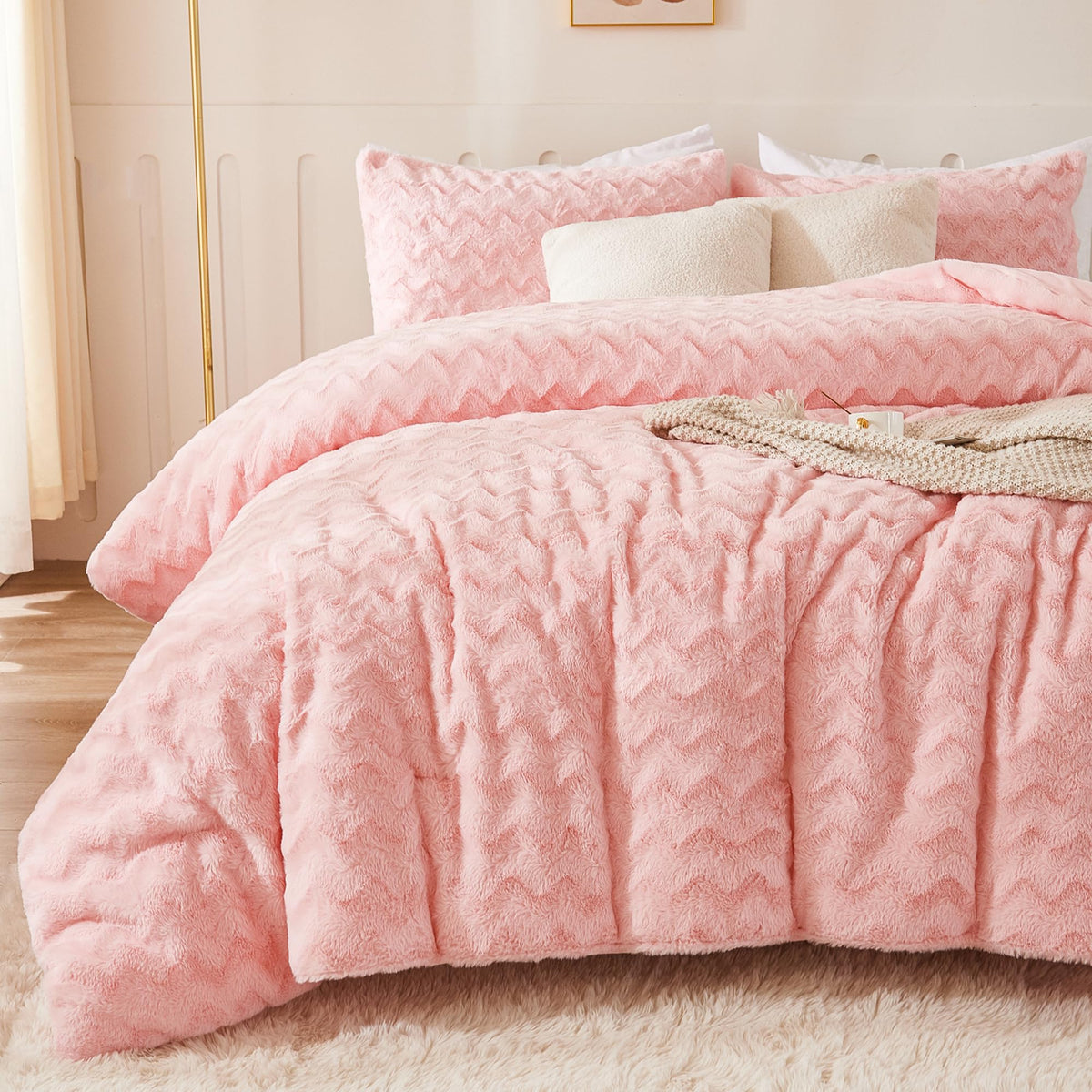 Andency Pink Fleece Comforter Set Queen Size, 3 Pieces Plush Shaggy Faux Fur Bed Comforter Set For Queen Bed, Fuzzy Fluffy Warm