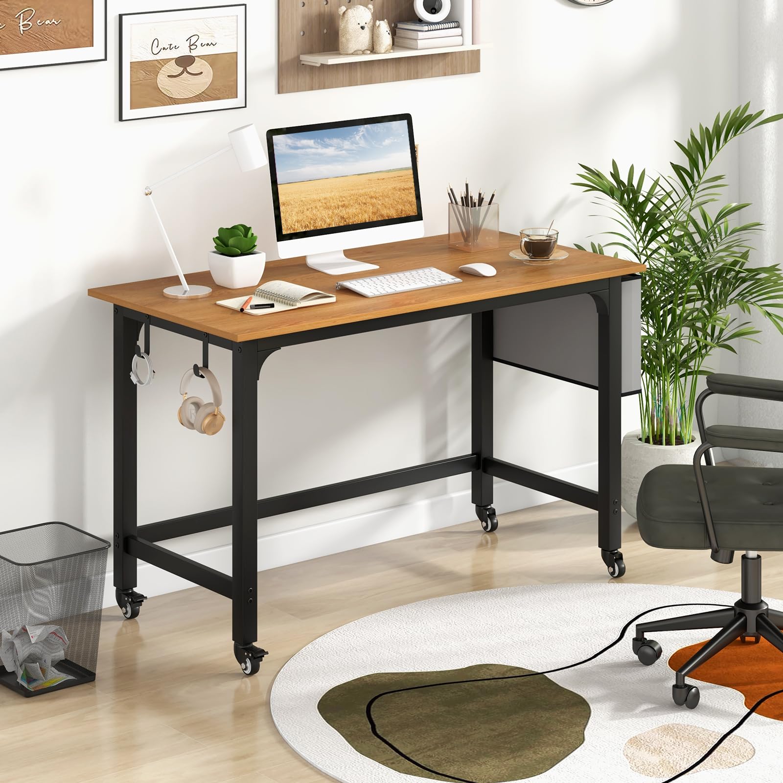 Costway 48” Mobile Computer Desk, Home Office Desk On Wheels, Simple Study Writing Table With 4 Lockable Wheels, Metal Frame, Rolling Laptop Pc Table For Small Space (Natural)