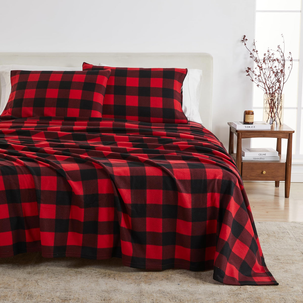Great Bay Home 4 Piece Micro Fleece Full Red/Black Plaid Sheet Set | Super Soft, Cozy Extra Plush Polar Fleece Bedding Sheets &