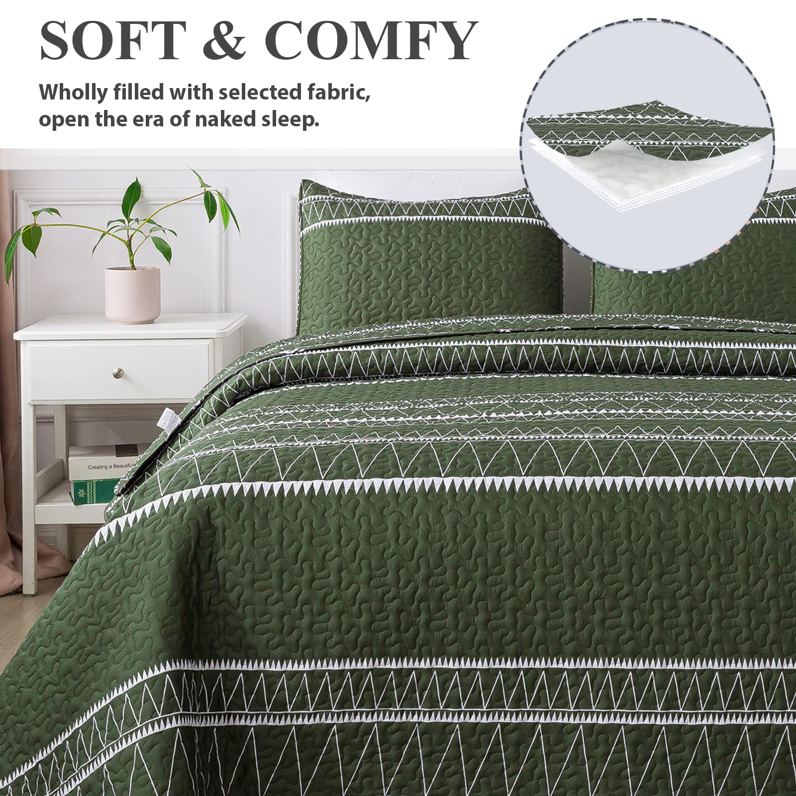 Andency Green Quilt Set California King (112X104 Inch), 3 Pieces(1 Striped Triangle Printed Quilt And 2 Pillowcases), Bohemian Summer Lightweight Reversible Microfiber Bedspread Coverlet Sets