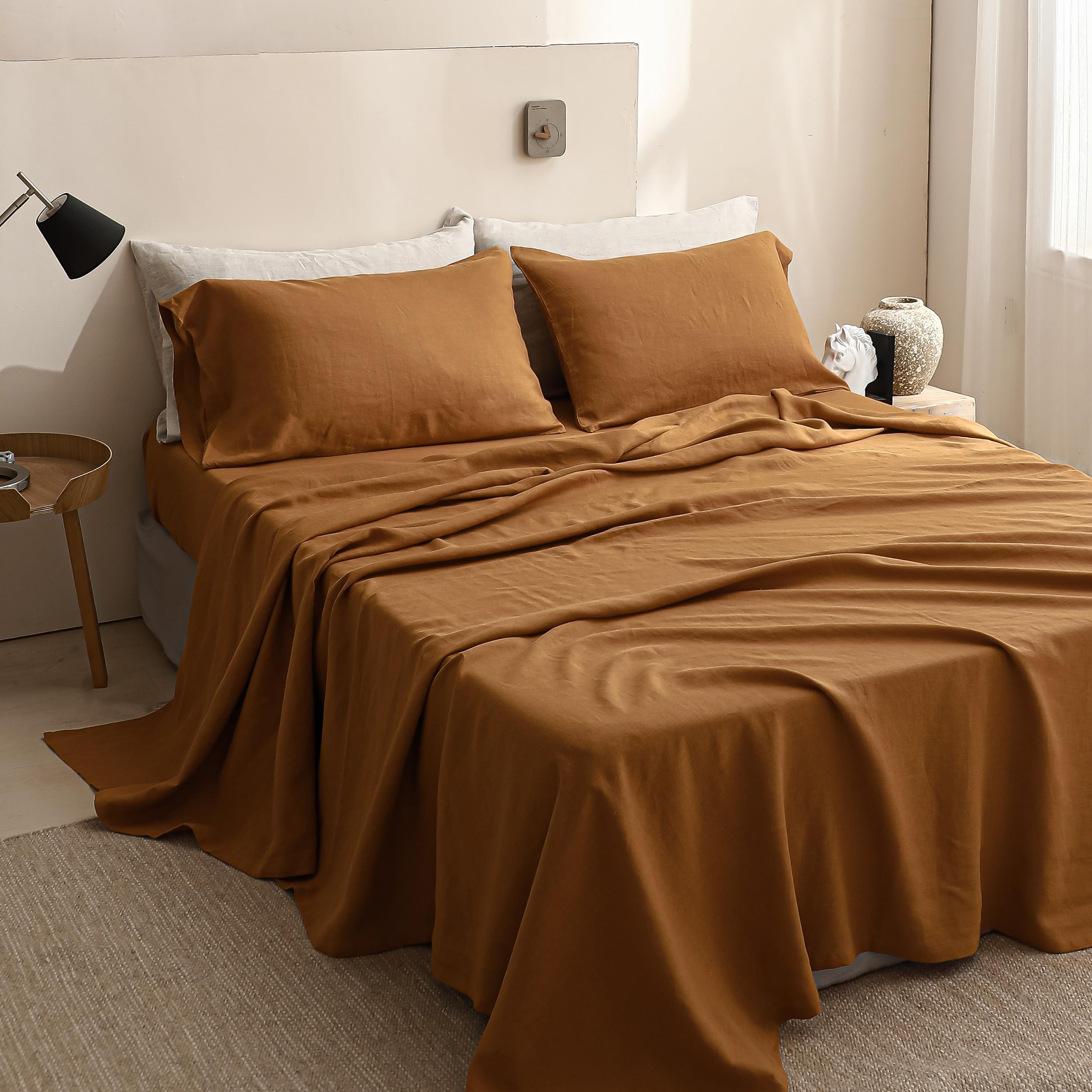 Simple&Opulence 100% Linen Sheets King Size Set, 4 Pcs Natural French Linen Bed Sheets, Breathable Soft Durable Bedding Set For