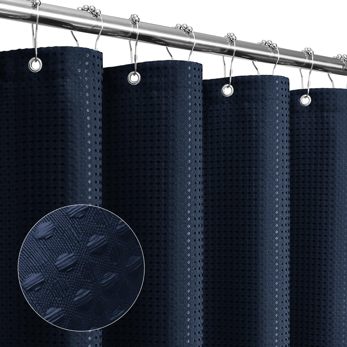 Gibelle Navy Blue Shower Curtain, Waffle Weave Textured Fabric Shower Curtain For Bathroom - Soft Cloth & Hotel Spa Luxury, Wate
