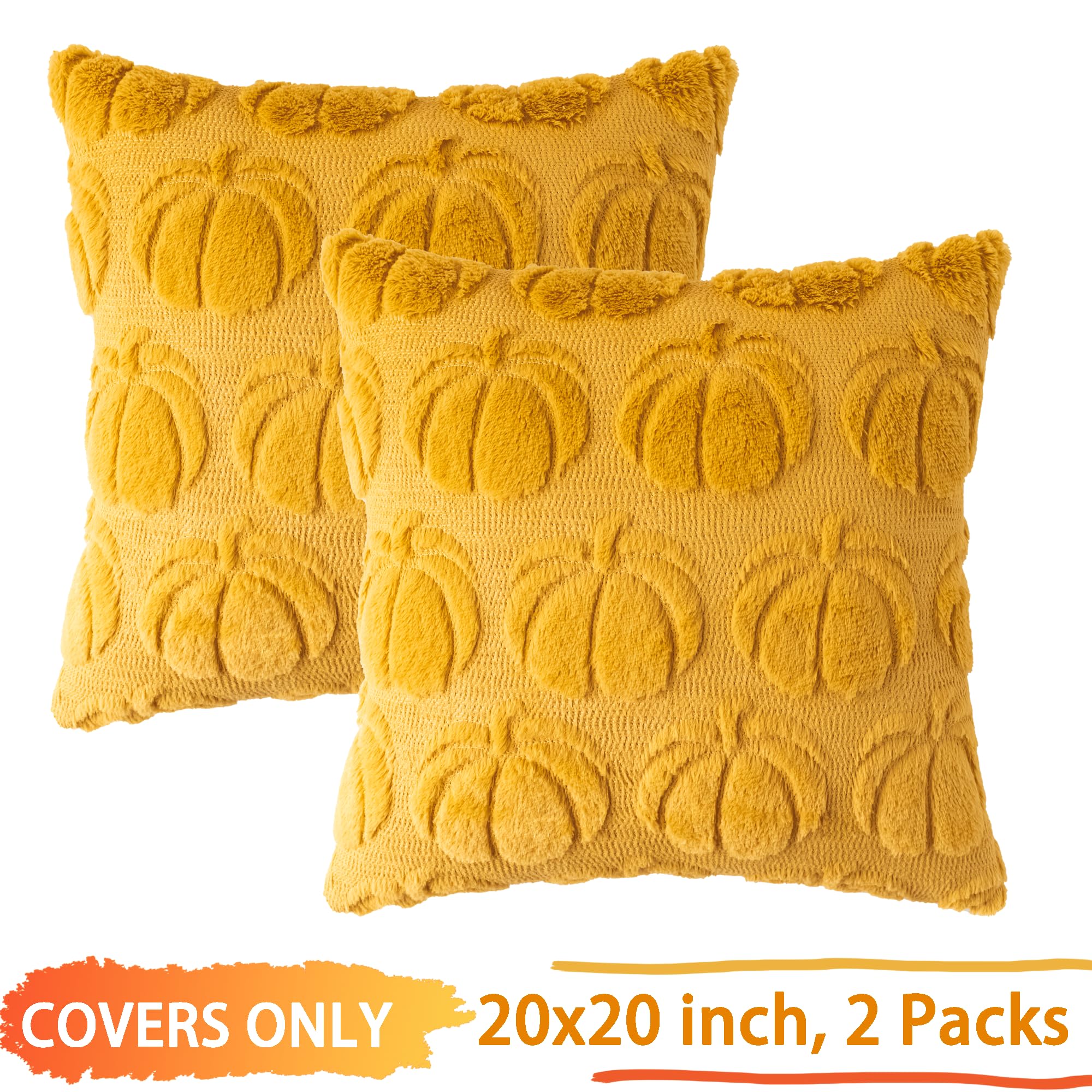 Cosibono Pumpkin Fall Decorative Throw Pillow Covers 20'X20', Set Of 2 Mustard Yellow Soft Faux Fur Pillow Covers For Autumn H