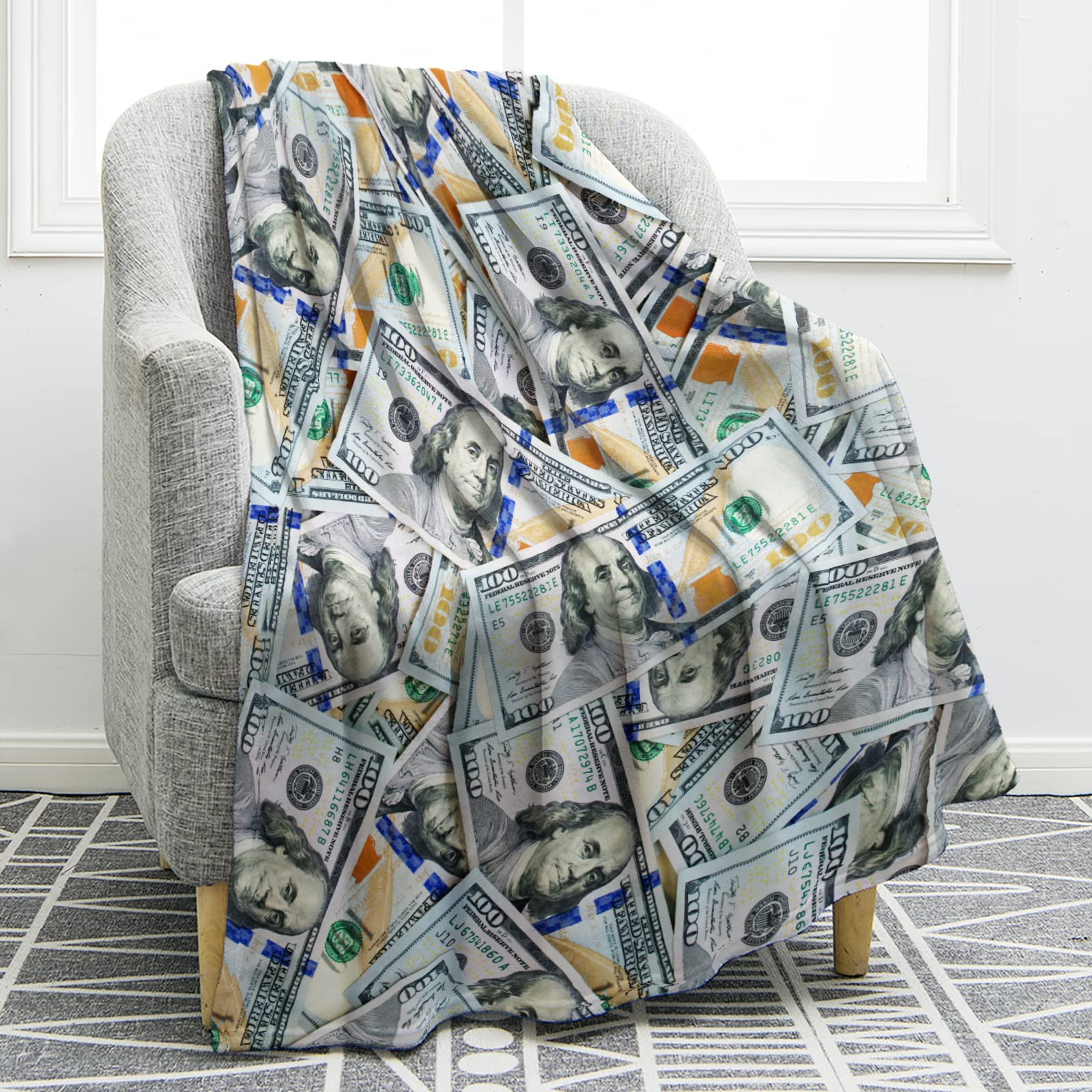 Jekeno Money Blanket 100 Dollar Bills Pattern Print Gifts for Women Kids Girls Men Birthday Halloween for Dad Mom Husband Wife T