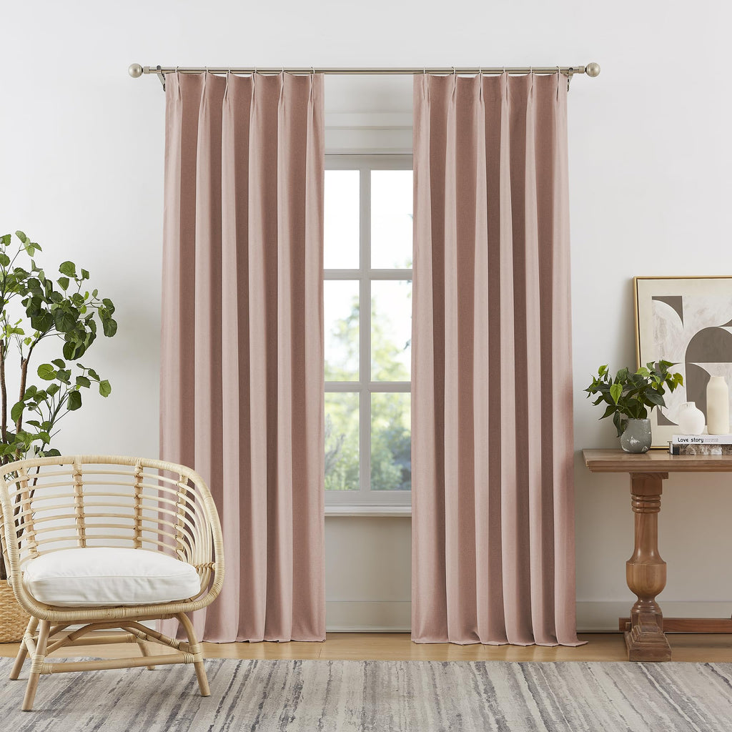 DUALIFE Dusty Pink Pinch Pleated Blackout Curtains 96 Inches Long - Back Tab Room Darkening Drapes with Hooks for Grils Baby Nur