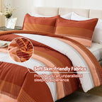Litanika Burnt Orange King Bed Comforter Set, 3 Pieces Boho Terracotta Stripe Colorblock Bedding Comforter Set, Rust Fluffy Bed