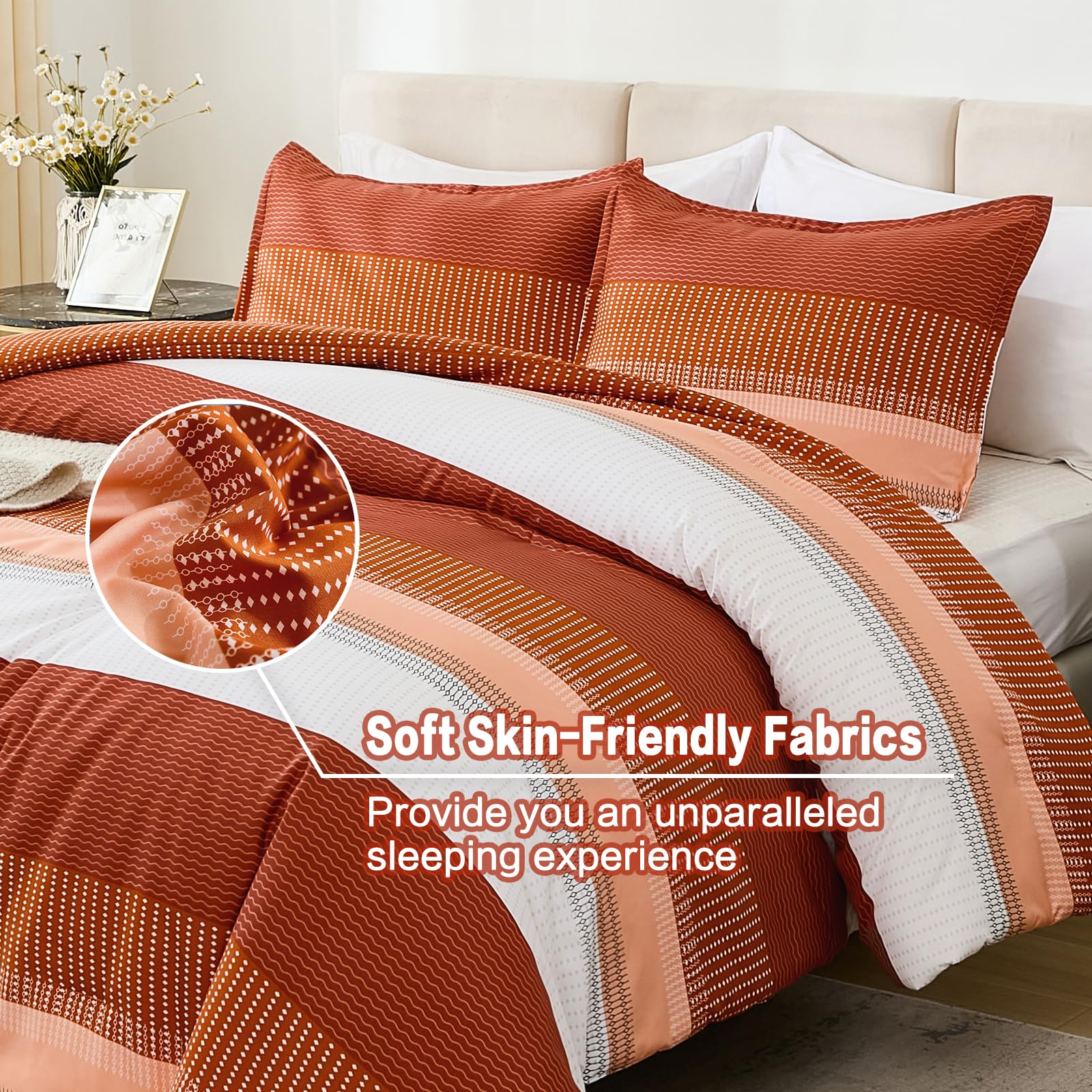 Litanika Burnt Orange King Bed Comforter Set, 3 Pieces Boho Terracotta Stripe Colorblock Bedding Comforter Set, Rust Fluffy Bed