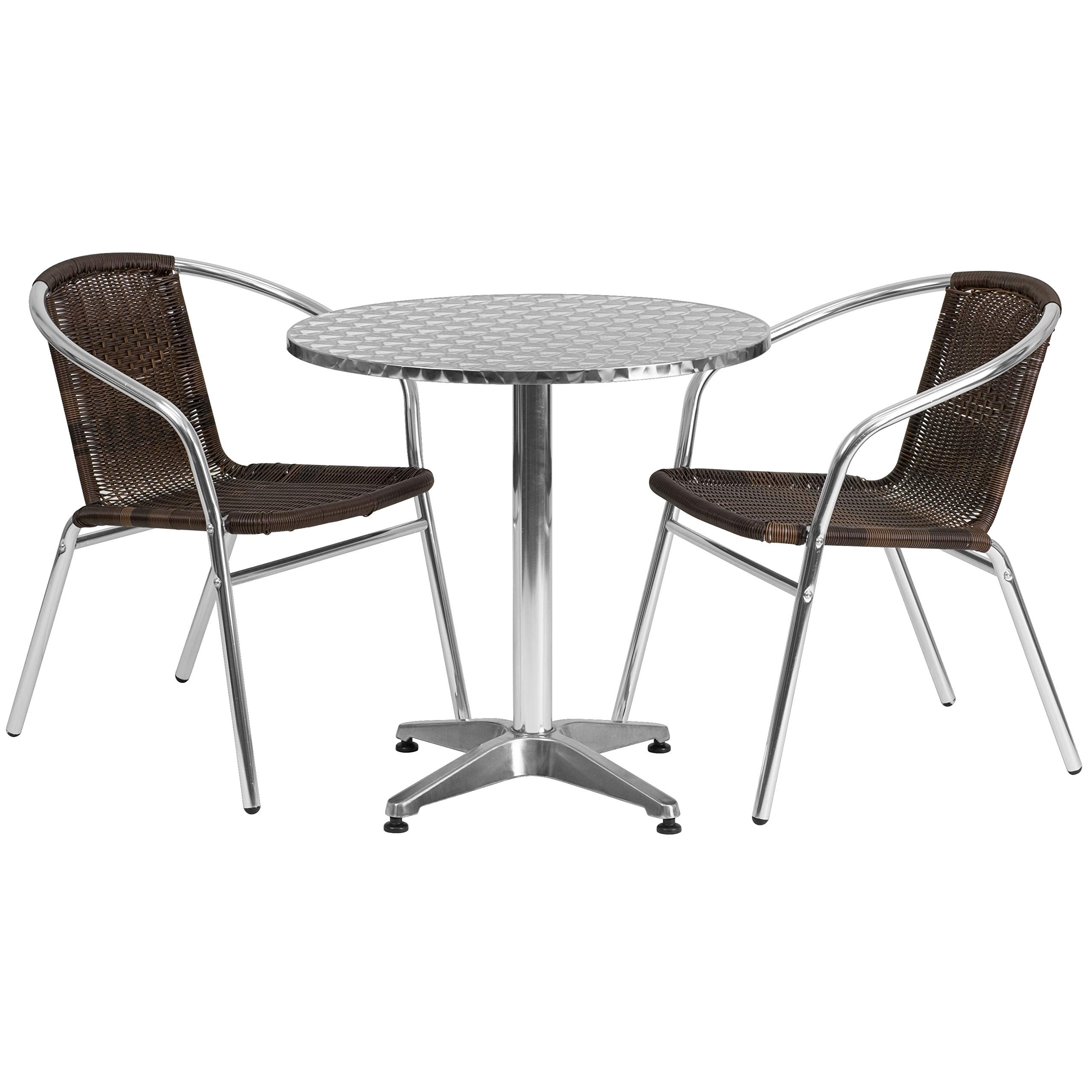 Flash Furniture 27.5'' Round Aluminum Indoor-Outdoor Table Set With 2 Dark Brown Rattan Chairs