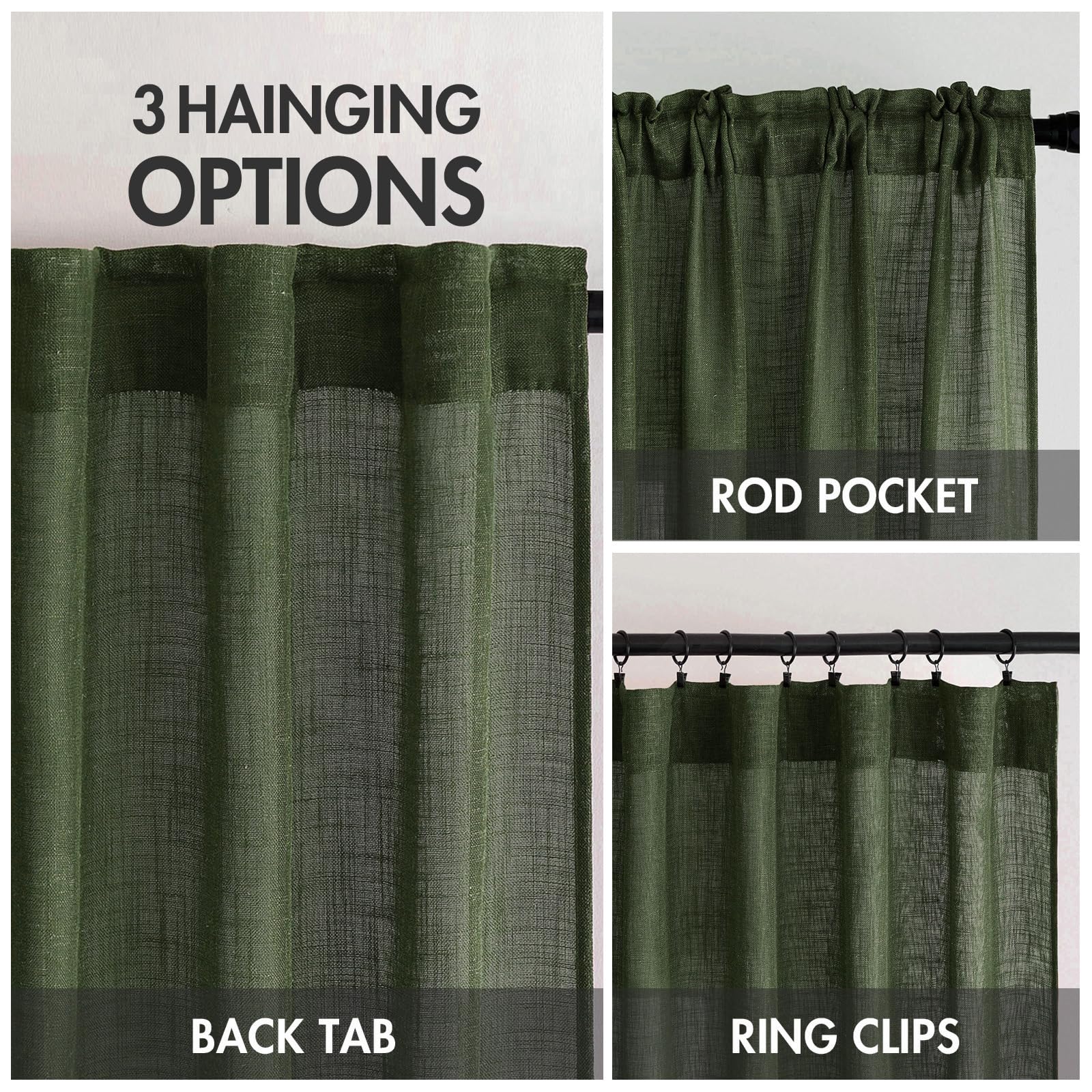 Miulee Olive Green Linen Curtains 102 Inch Length 2 Panels For Bedroom Living Room, Soft Thick Linen Textured Window Drapes Semi Sheer Light Filtering Back Tab Rod Pocket Burlap Look Decor
