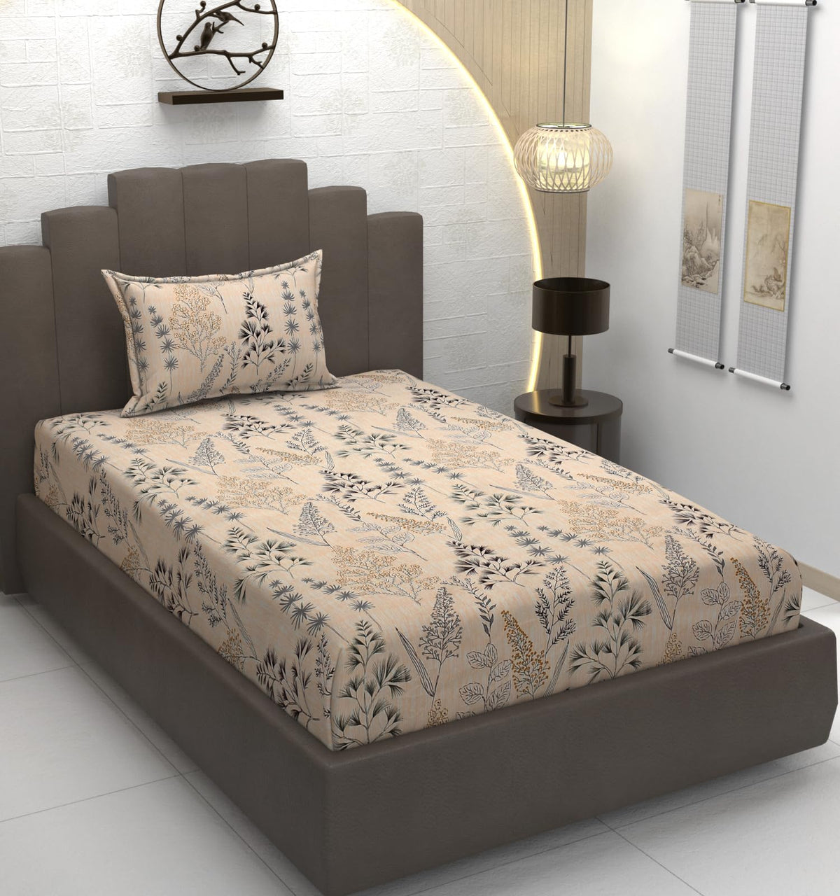 TIB Cloud Cotton Single Size Fitted Bed Sheet Set, 36x78x8 Inch, 140TC, Printed, with 1 Pillow Covers, AllRound Elastic (Blck T