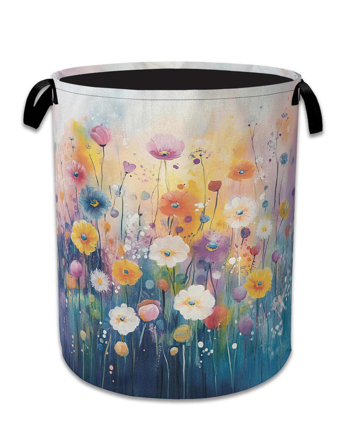 Spring Flower Laundry Hamper With Handle,Foldable Oxford Cloth Daisy Floral Laundry Basket,20.8x16 Clothes Storage Basket for 