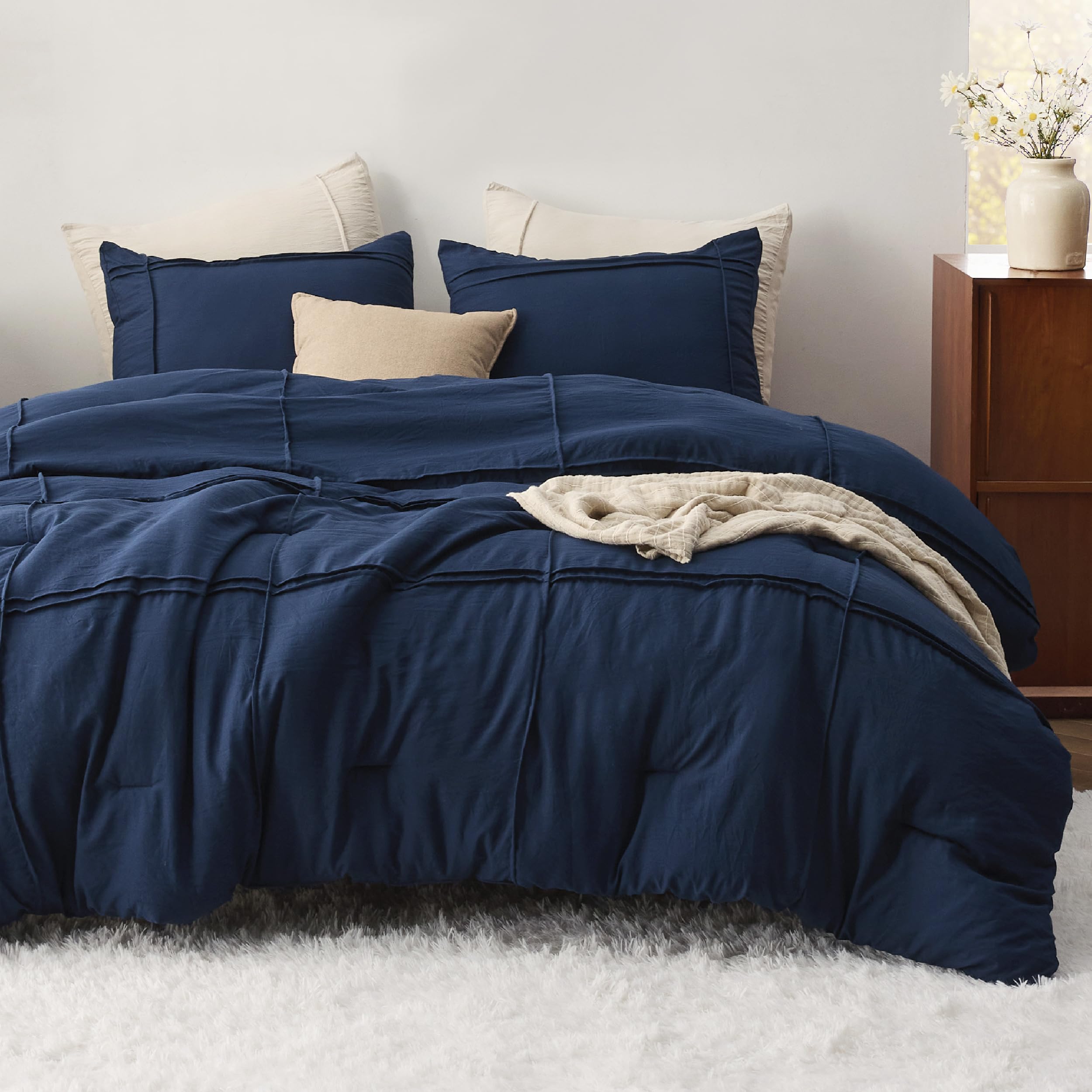 Bedsure California King Comforter Set With Sheet - 4 Pieces Soft Navy Blue Bedding, Grid Pinch Pleat, All Season Lightweight Fluffy Bed Set With Solid Boho Comforter, Pillowcases & Sheet