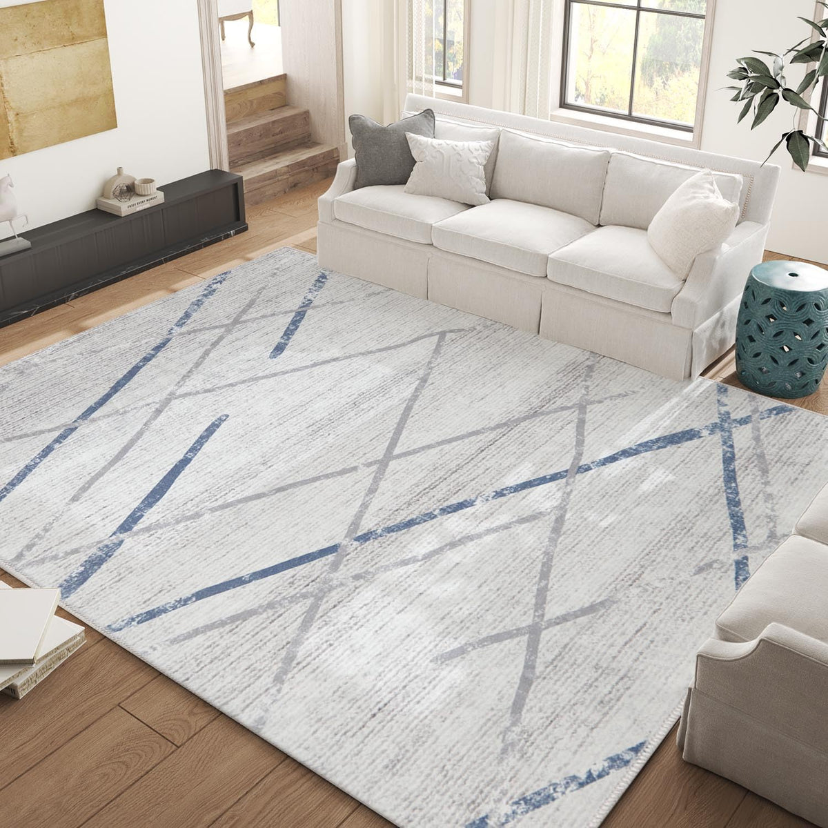 jinchan Area Rug 8x10 Washable Rug Moroccan Rug Blue Grey Foldable Thin Rug Modern Geometric Accent Rug Soft Rug Indoor Non Slip