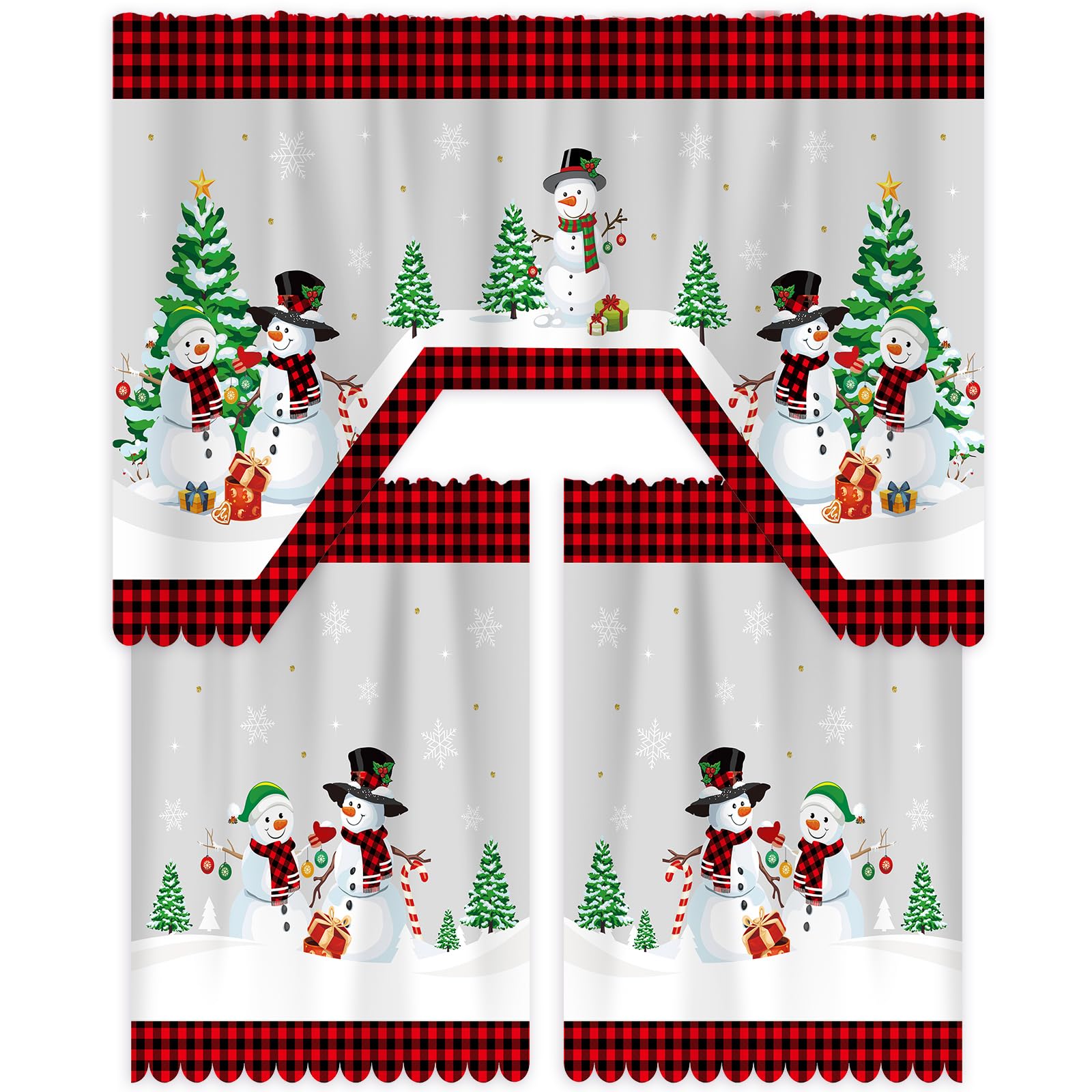3 Pcs Christmas Kitchen Curtains Window Curtains and Valance Set Snowman Christmas Tree Buffalo Plaid Christmas Curtains Swag fo