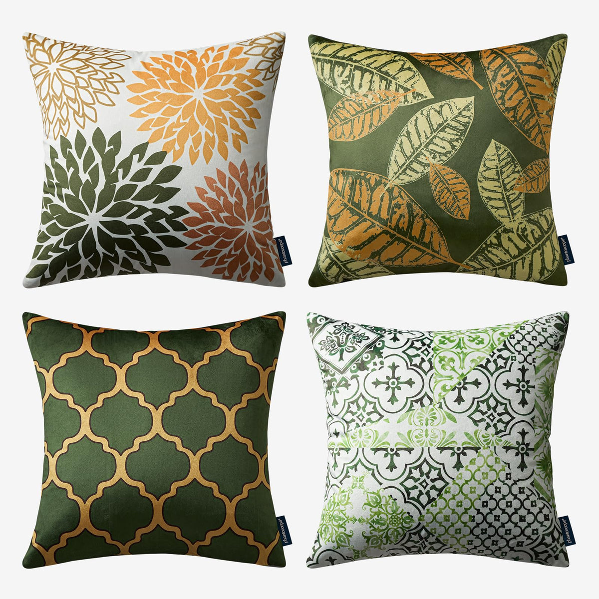 Phantoscope Set Of 4 New Living Series Velvet Pillows Leaf Geometric Throw Decorative Velvet Pillow Cover Cushion Cover, Dark Yellow And Green 20 X 20 Inches 50 X 50 Cm