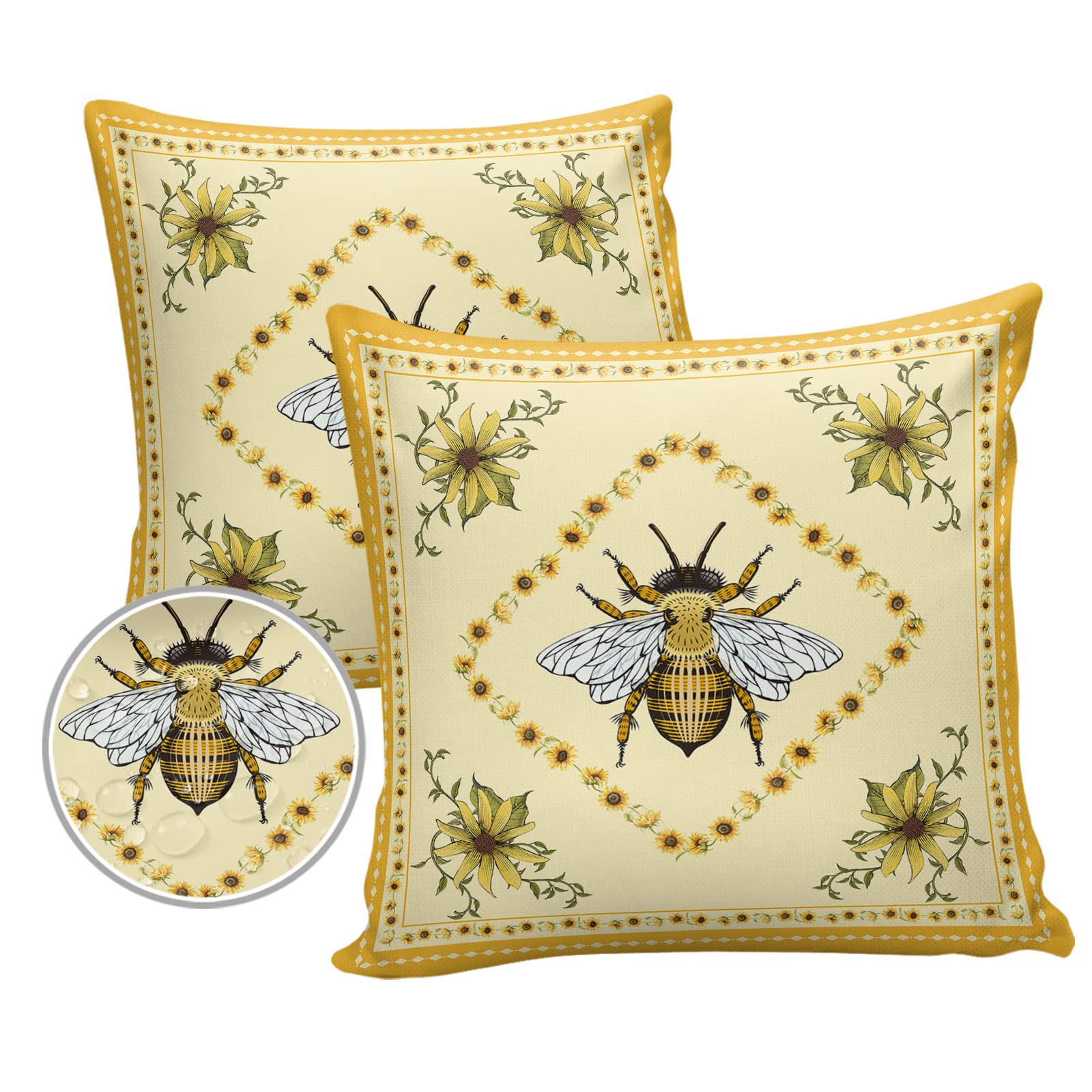 Love Home Day Sunflowers And Bee Outdoor Pillow Covers Set Of 2, Farmhouse Retro Floral Decorative Waterproof Throw Pillow Case,