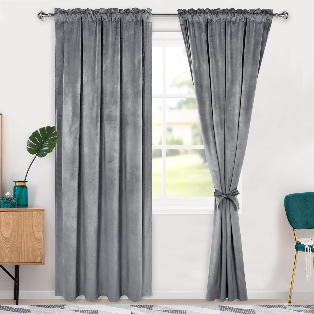 Hiasan Grey Velvet Curtains 90 Inch Blackout Rod Pocket Thermal Insulated Soft Curtains Room Darkening Window Drapes With Tiebac