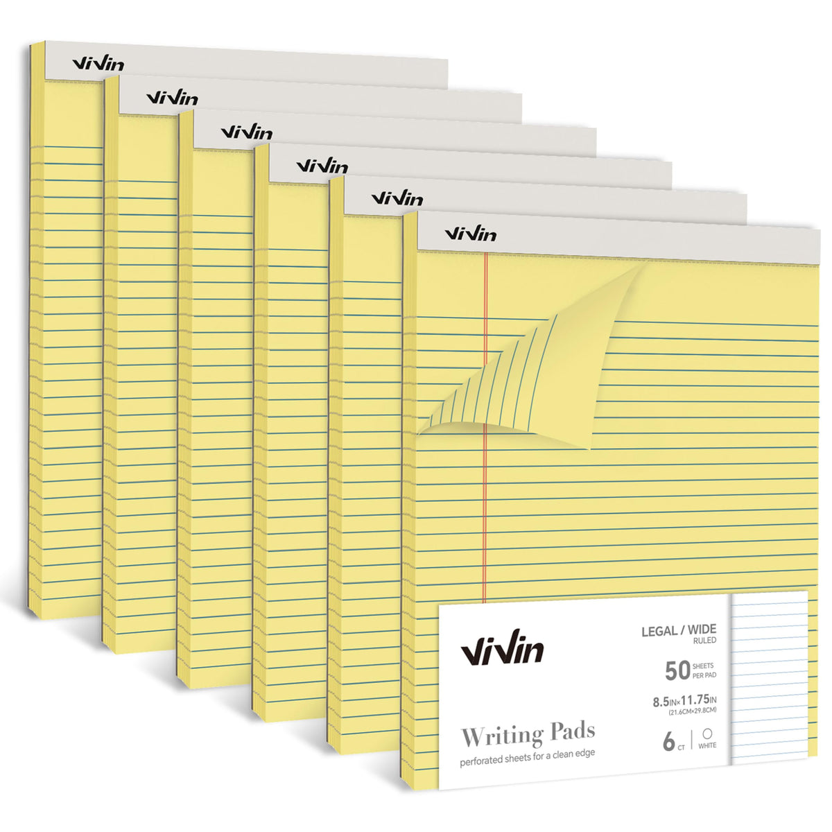 Vivin Legal Pads 8.5 X 11 Inch, Wide Ruled Note Pads, 6 Pack, 50 Sheet/Pad, Notepads For Office Home School, 300 Sheets, Perfora