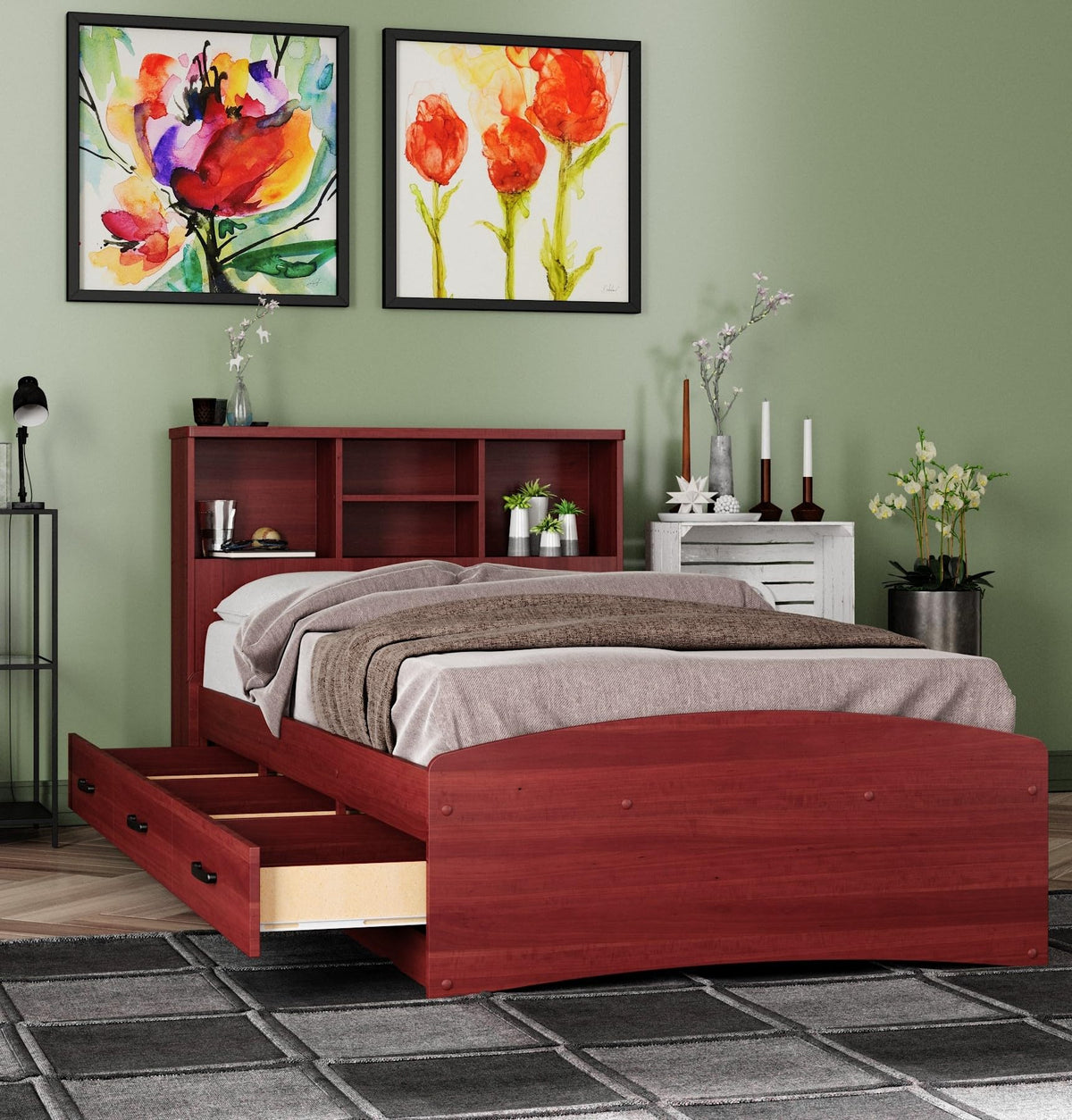 Captain Paltform Bed with 3 Drawers and Bookcase Headboard (Mahogany, Twin)