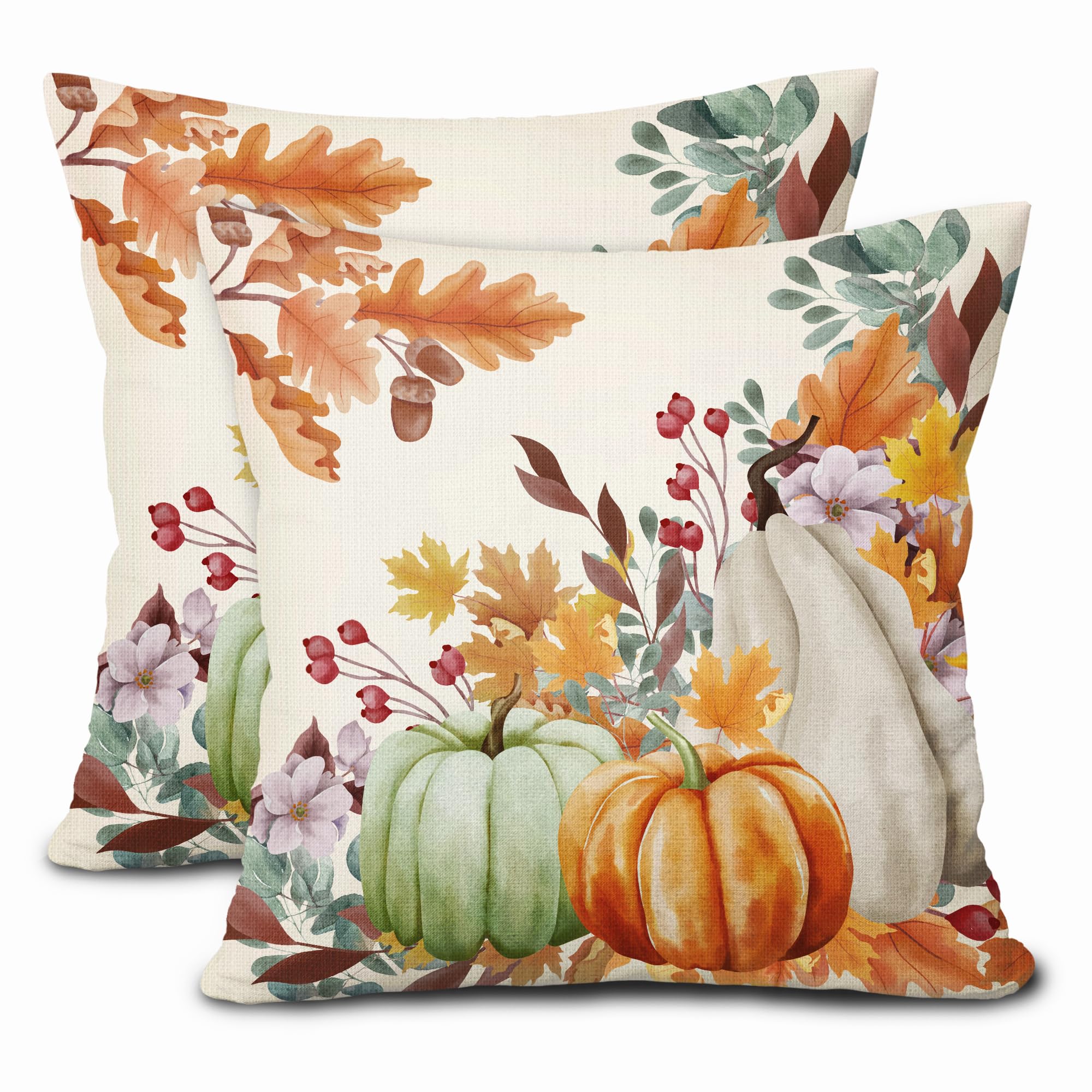 Fall Pillow Covers 18X18 Inch Set Of 2 Orange White Pumpkin Flower Leaves Decorative Pillow Cases Autumn Thanksgiving Cotton Lin