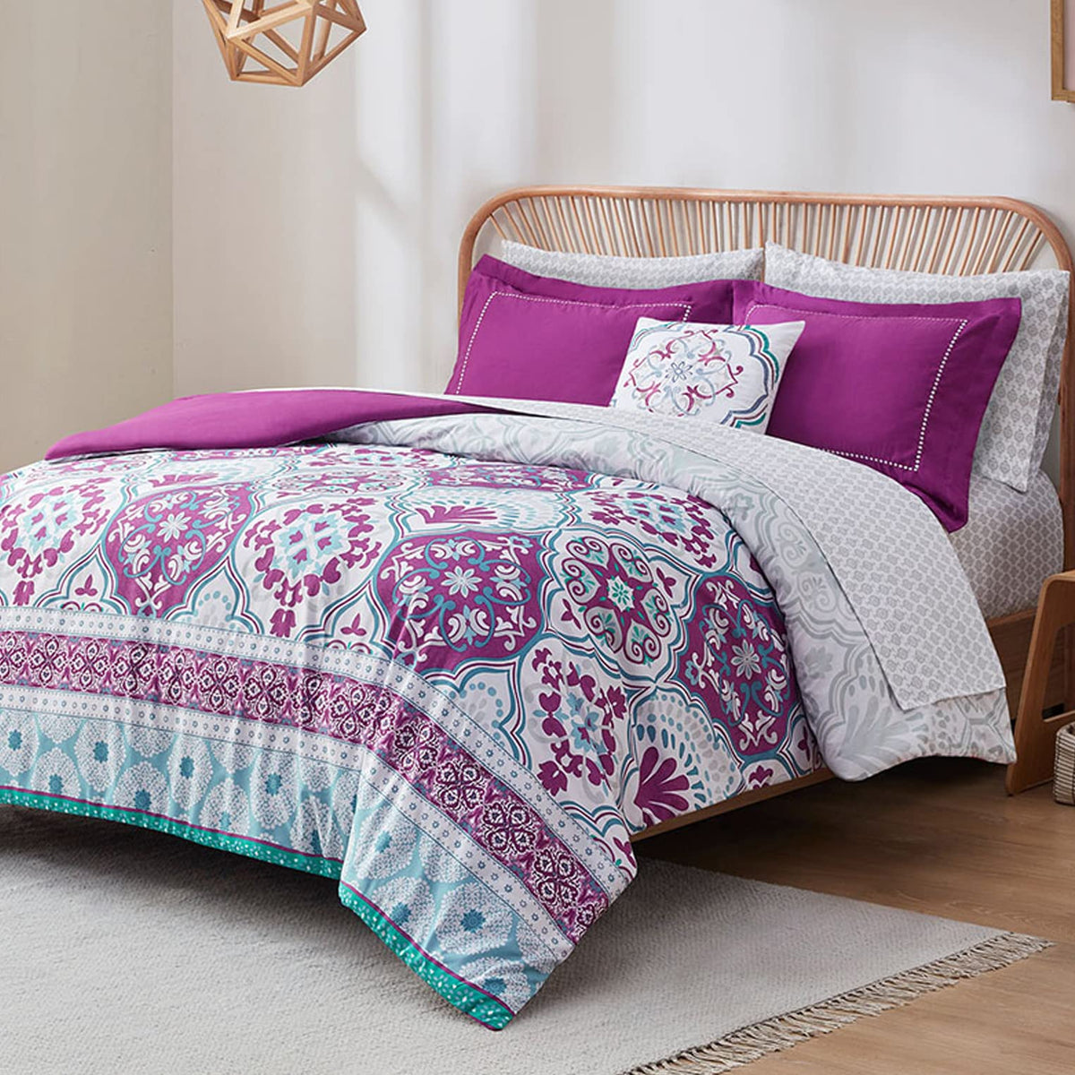 Degrees Of Comfort Full Size Complete Comforter Sets, Lattice Boho Bed In A Bag,Microfiber Bedding Set With Side Pockets, Matchi