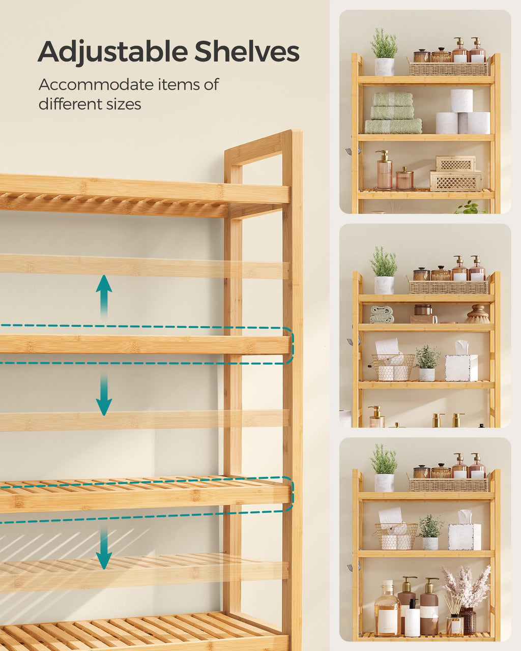 Songmics Over The Toilet Storage, 4-Tier Over Toilet Bathroom Organizer With Adjustable Shelf, Fit Most Toilets, Space-Saving, Easy Assembly, Natural Ubts041N01
