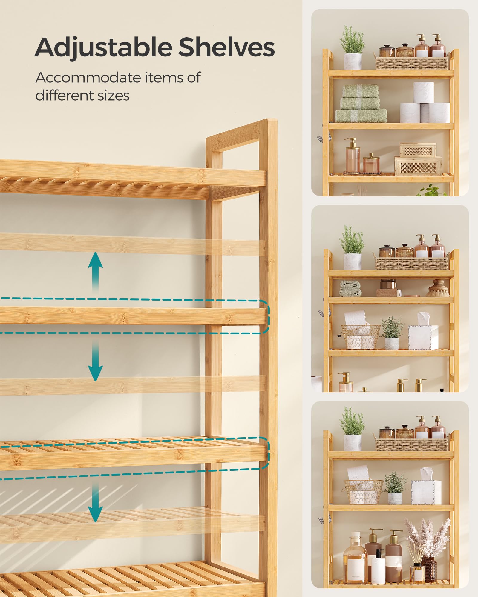 Songmics Over The Toilet Storage, 4-Tier Over Toilet Bathroom Organizer With Adjustable Shelf, Fit Most Toilets, Space-Saving, Easy Assembly, Natural Ubts041N01
