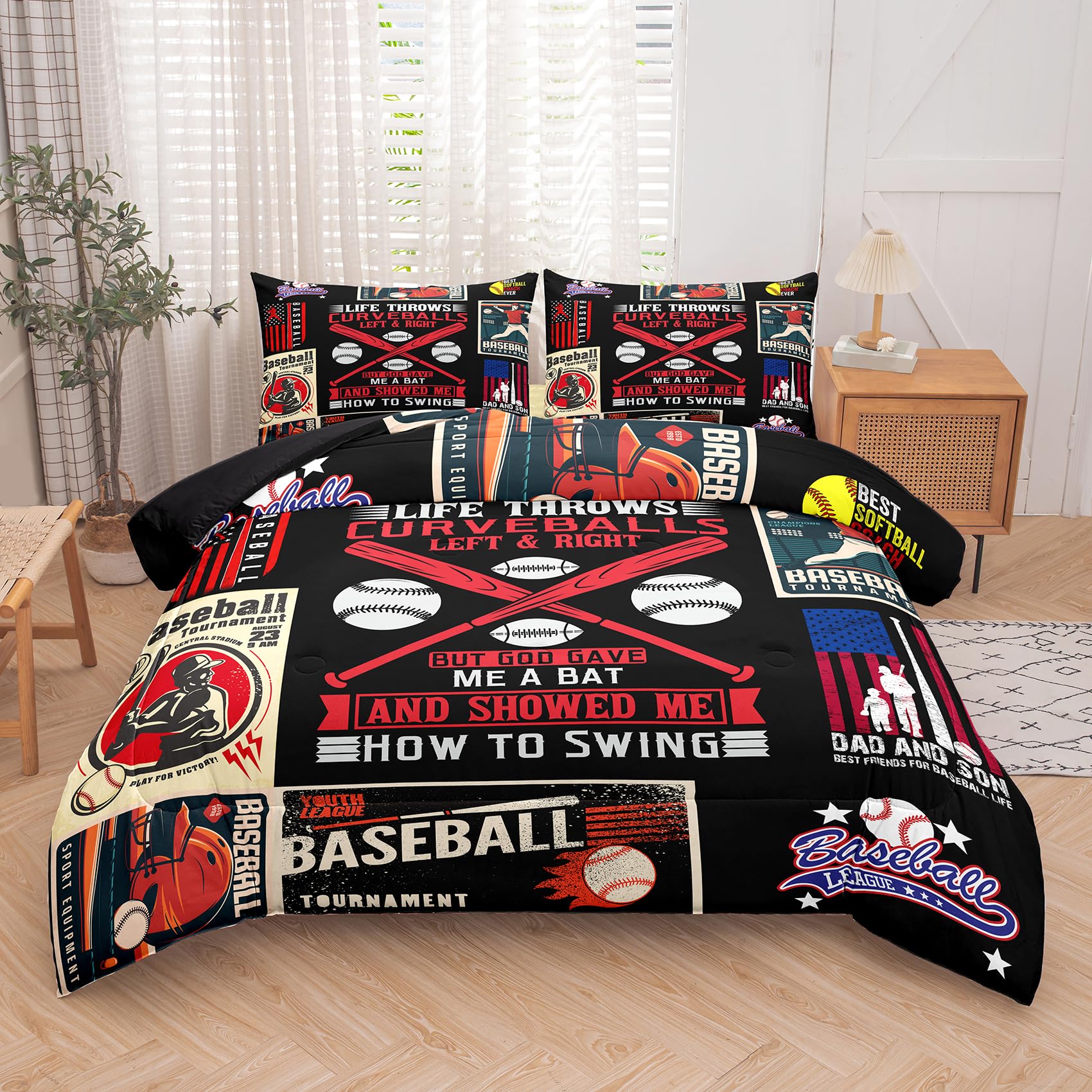 Ninenine Baseball Bedding Sports Bedding Set For Boys Kids,Queen Size Comforter Sets For Boys,Black Retro Comforter Set With 1 C