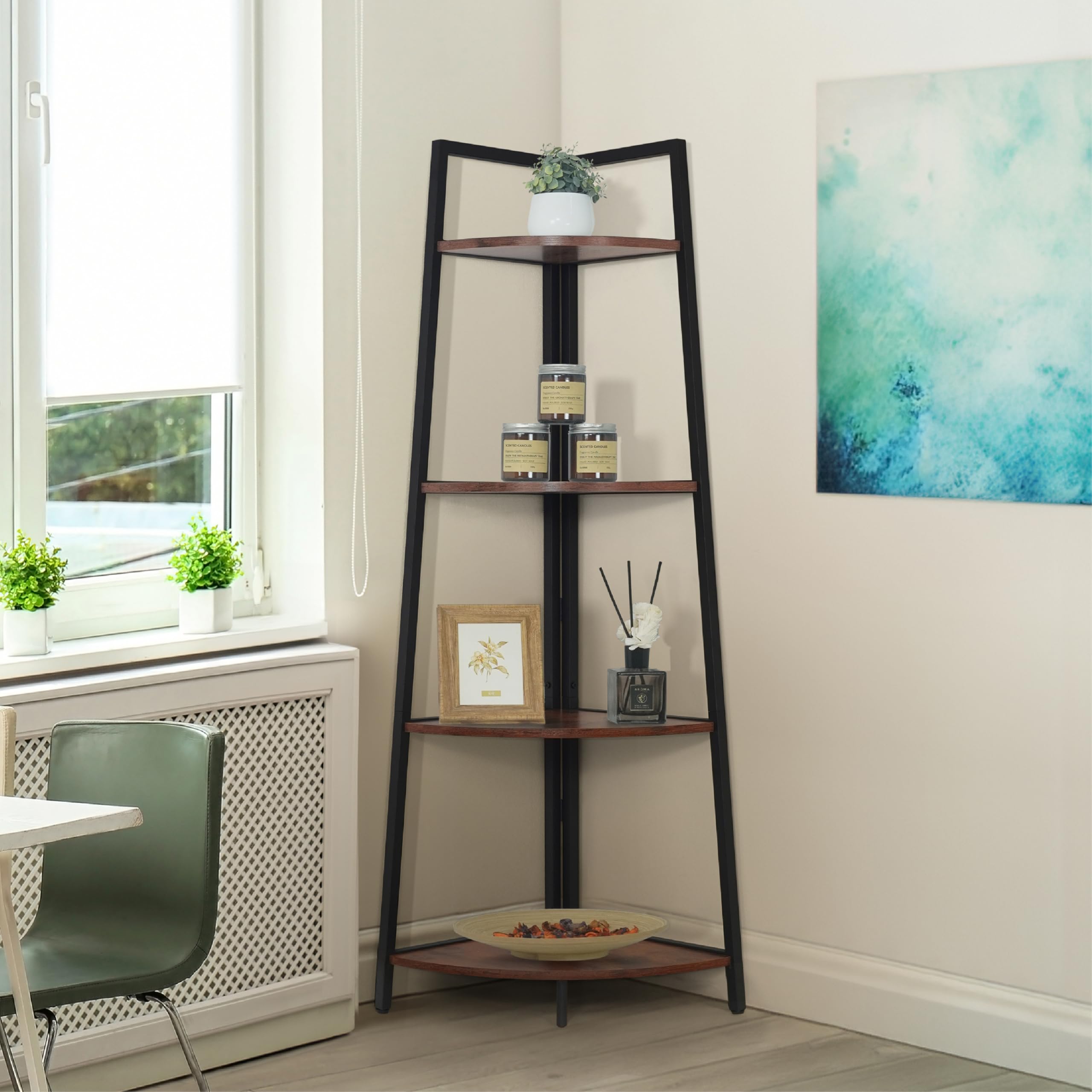 Caphaus Tall Corner Shelf Stand, 4-Tier Display Shelves, Ladder Corner Wood Storage Plant Bookshelf With Metal Frame, Versatile Shelving Unit Bookcase For Home Office Space, Rustic Oak
