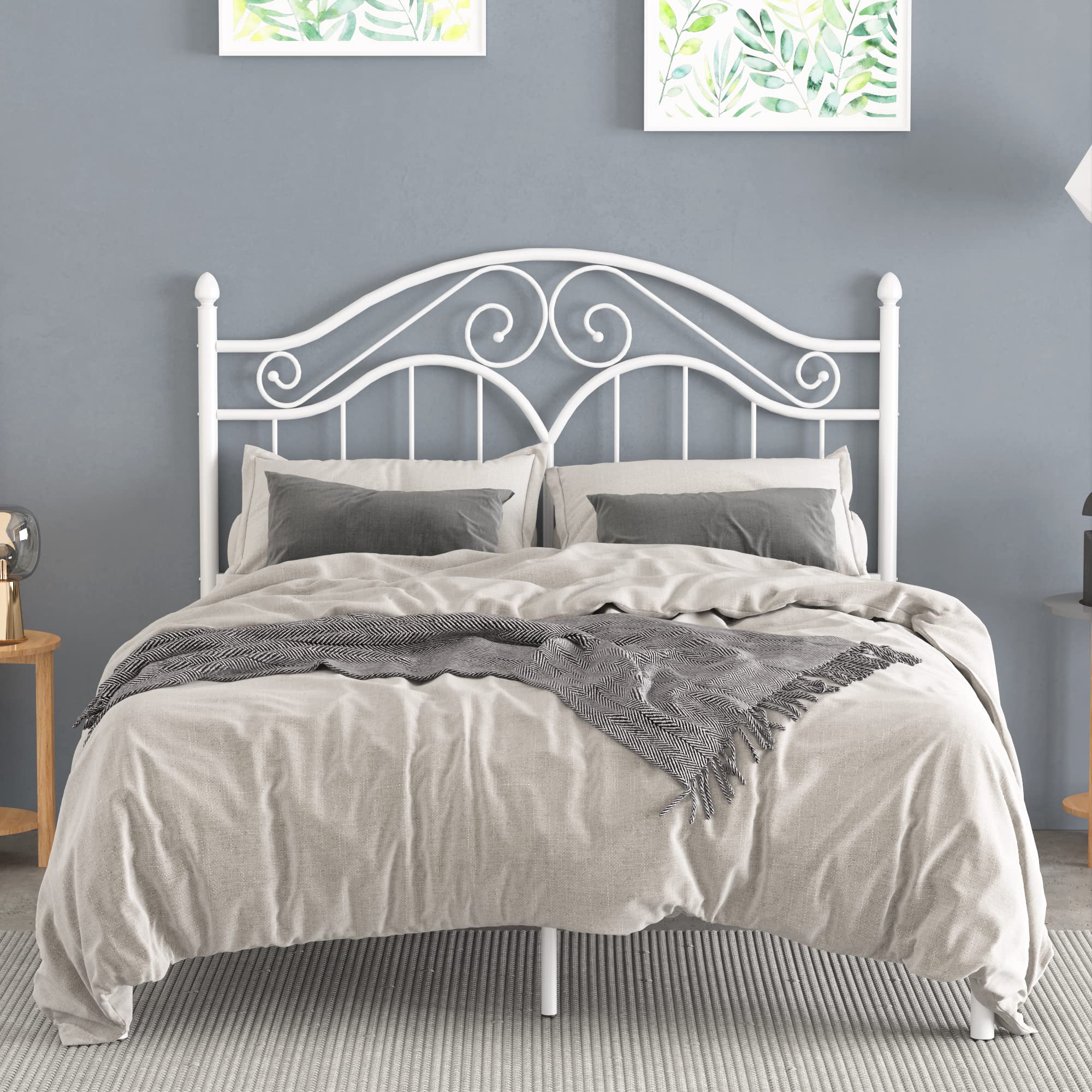 Elephance Full Size Metal Bed Frame With Vintage Headboard,11 Inches Storage Space Platform Bed No Box Spring Needed Easy Assembly,White