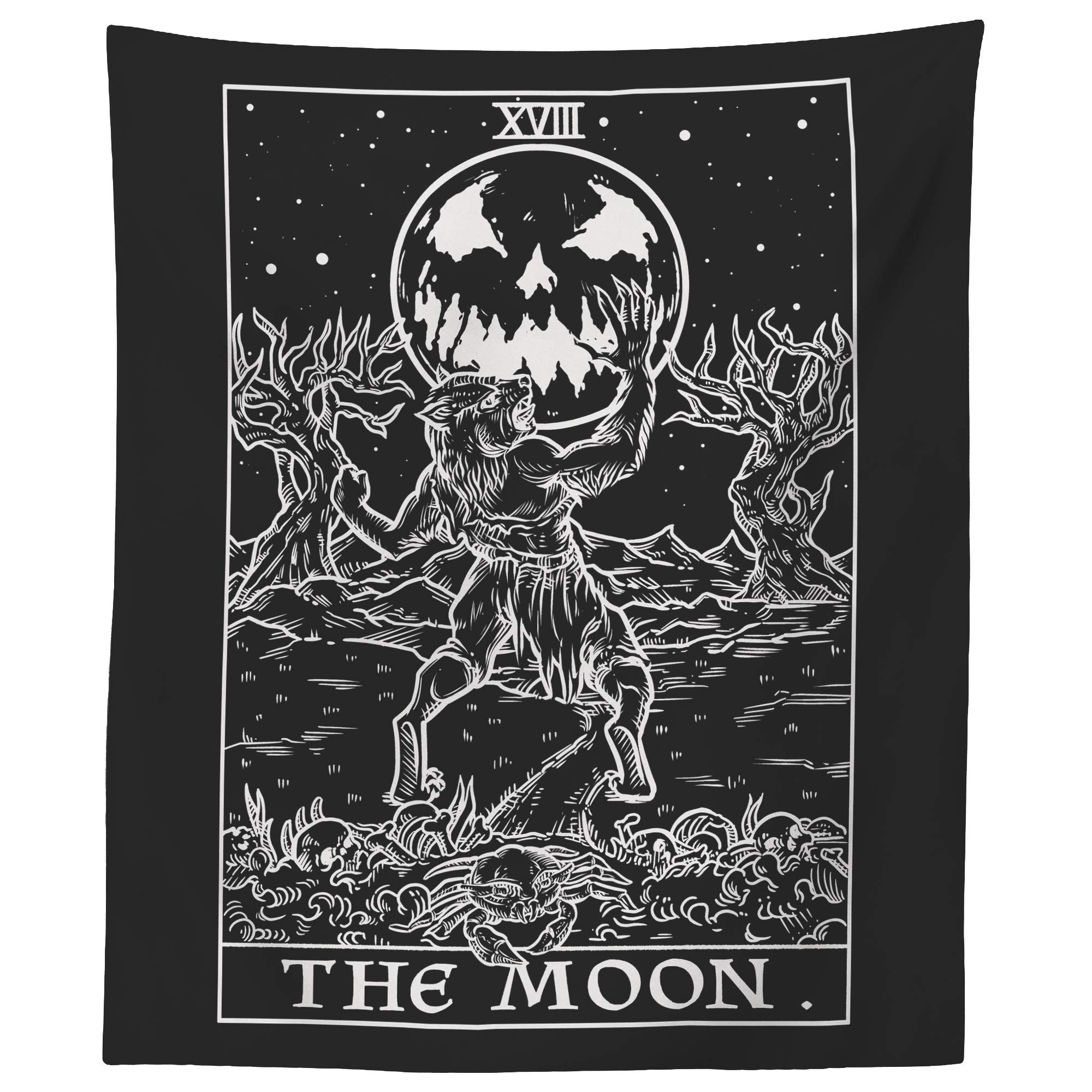 The Moon Tarot Card Tapestry (Black & White) - Werewolf - Gothic Halloween Home Decor Wall Hanging (80' X 68')