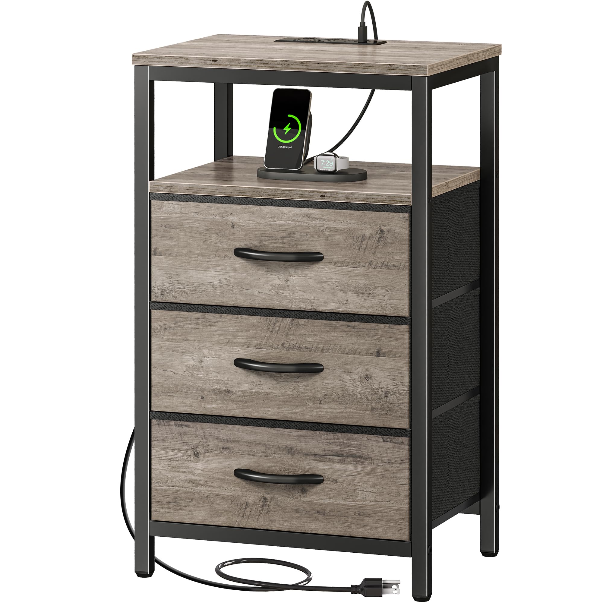 Huuger Nightstand with Charging Station, 27.6 Inch Side Table with Fabric Drawers, End Table Bedside Table with USB Ports and Ou