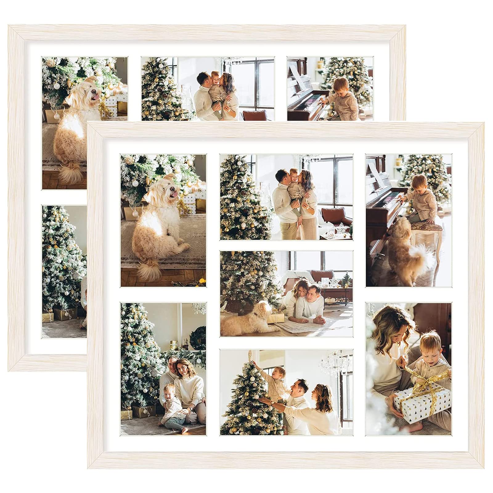 Golden State Art, Set of 2, 13.7x15.7 Distressed White Wood Collage Frame - White Mat - Displays Seven 4x6 Photos - Real Glass, 