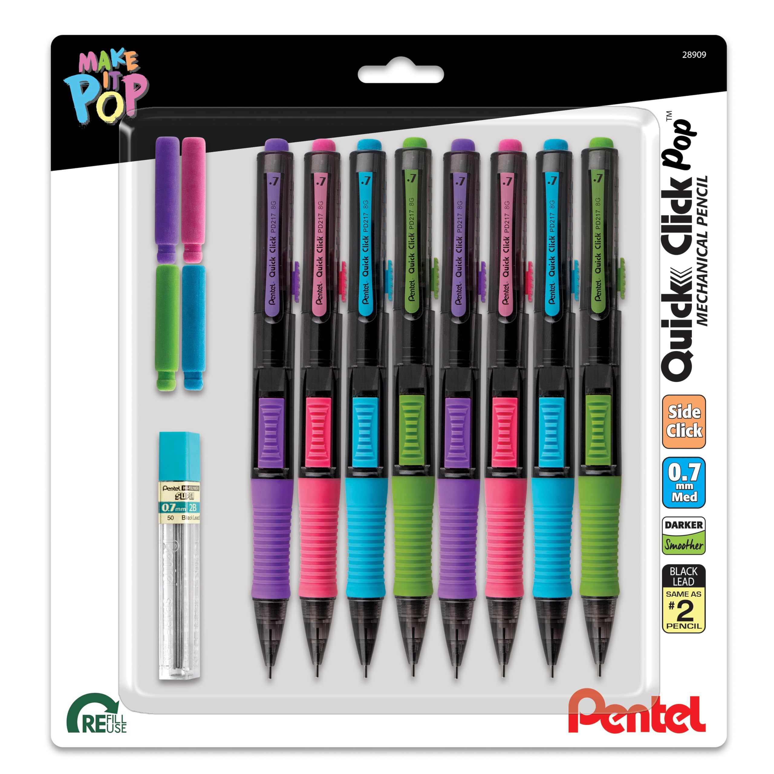 Pentel Quick Click Pop Mechanical Pencil, (0.7Mm), Includes Refill Lead And Erasers, Pack Of 8 Pencils (Pd217Lebp8)