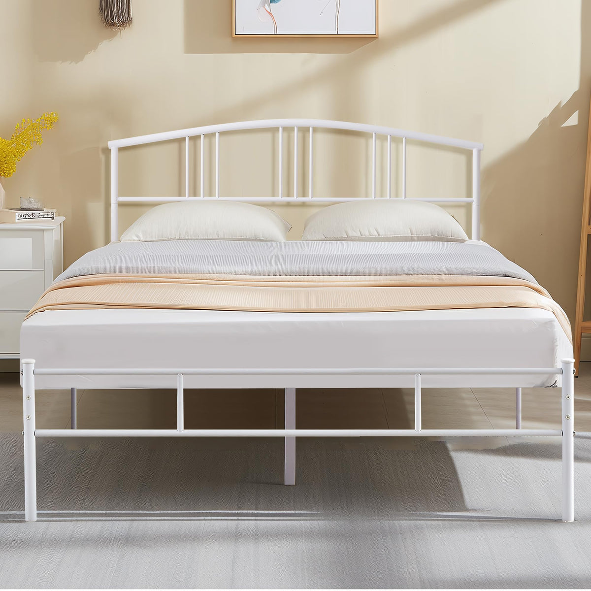 VECELO 14 inch Full Bed Frame White Beds Metal Platform Mattress Foundation with headboard Footboard Steel Slat Support/No Box S