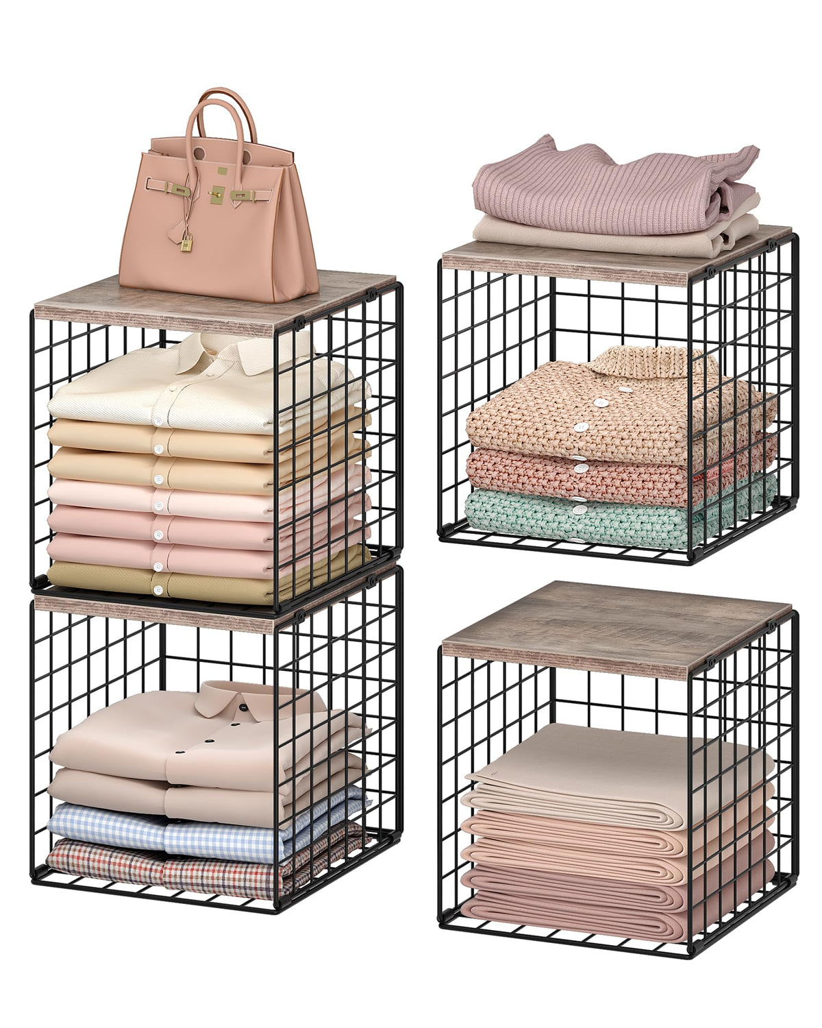 CHOEZON 4Tier Closet Organizers and Storage, Stackable Storage Bin Baskets with Wooden Upper Surface, Closet Shelves Clothes St