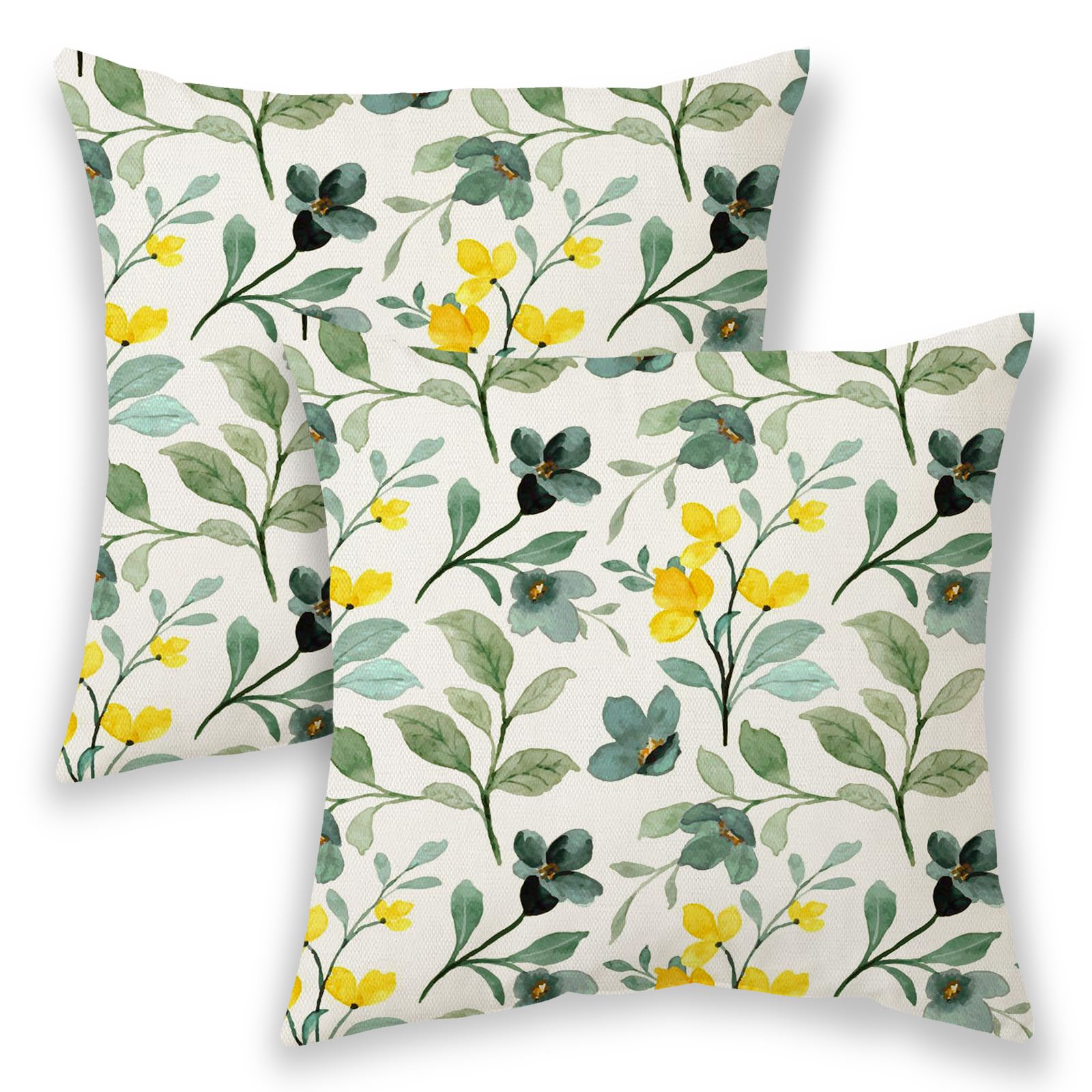 Betginy Spring Pillow Covers 20X20 Inch 2 Pcs, Sage Green Olive Yellow Flower Decorative Throw Pillows,Vintage Plant Floral Summ