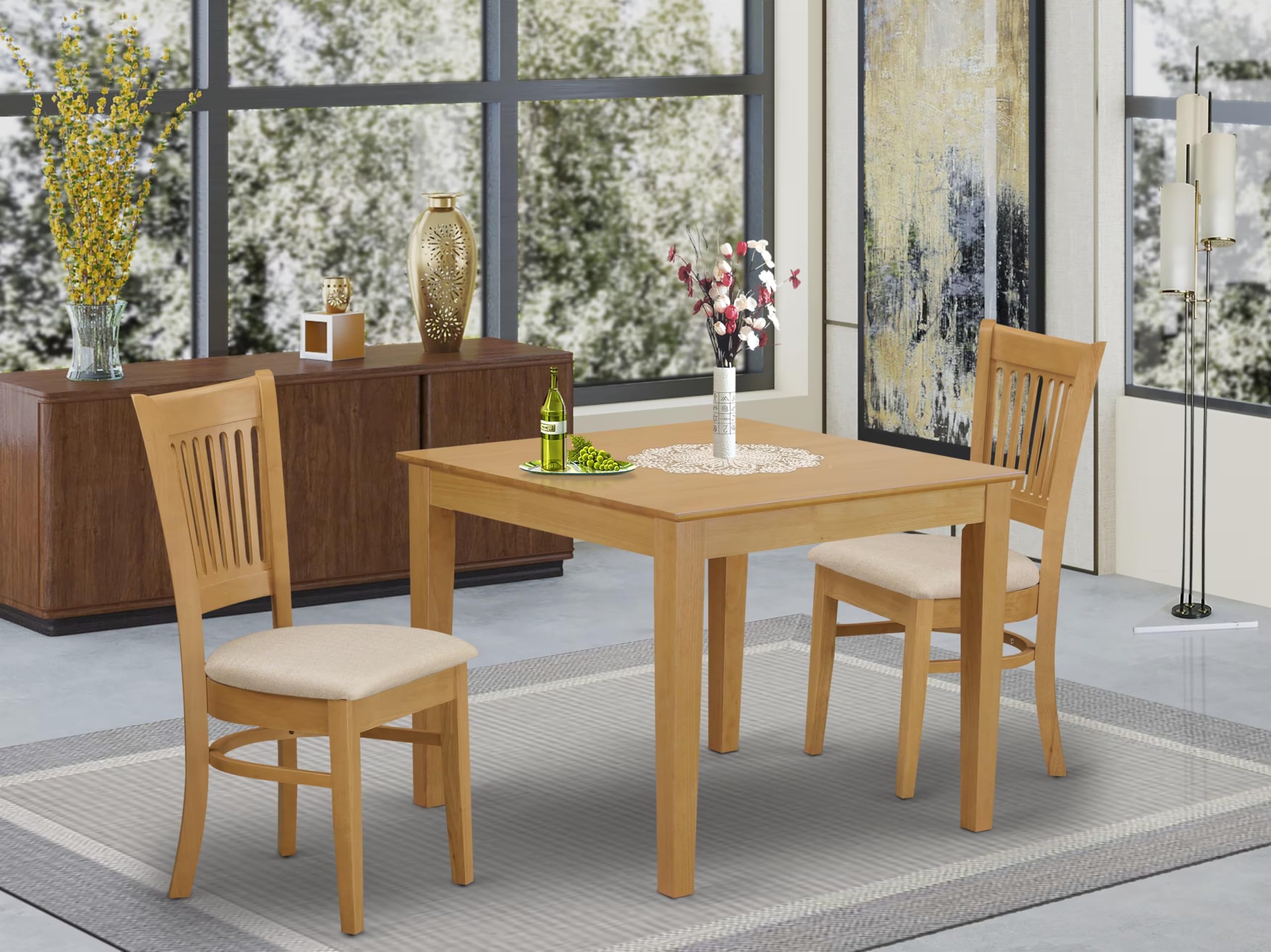 East West Furniture OXVA3-OAK-C 3 Piece Dining Room Table Set Contains a Square Kitchen Table and 2 Linen Fabric Upholstered Dining Chairs, 36x36 Inch, Oak
