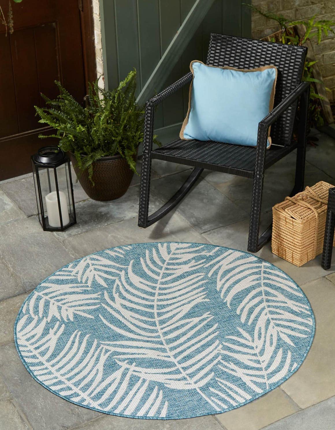 Unique Loom Outdoor Botanical Collection Area Rug - Palm (10 Round Light Aqua/Ivory)