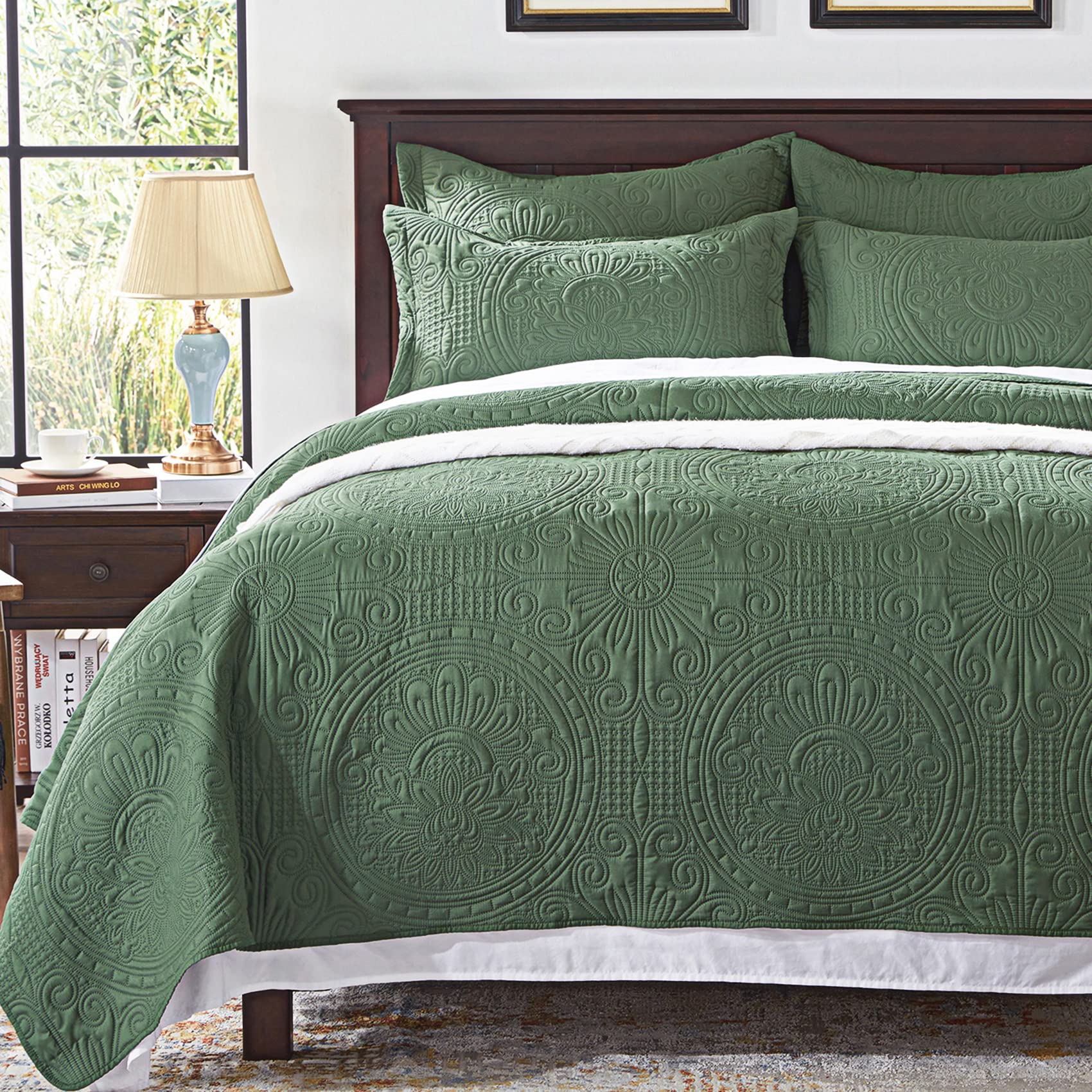 Anluoer Quilt Queen Size Bedding Set-Olive Green Embossed, Bedspreads-Lightweight Summer Soft Microfiber Bedspread, Bed Coverlet